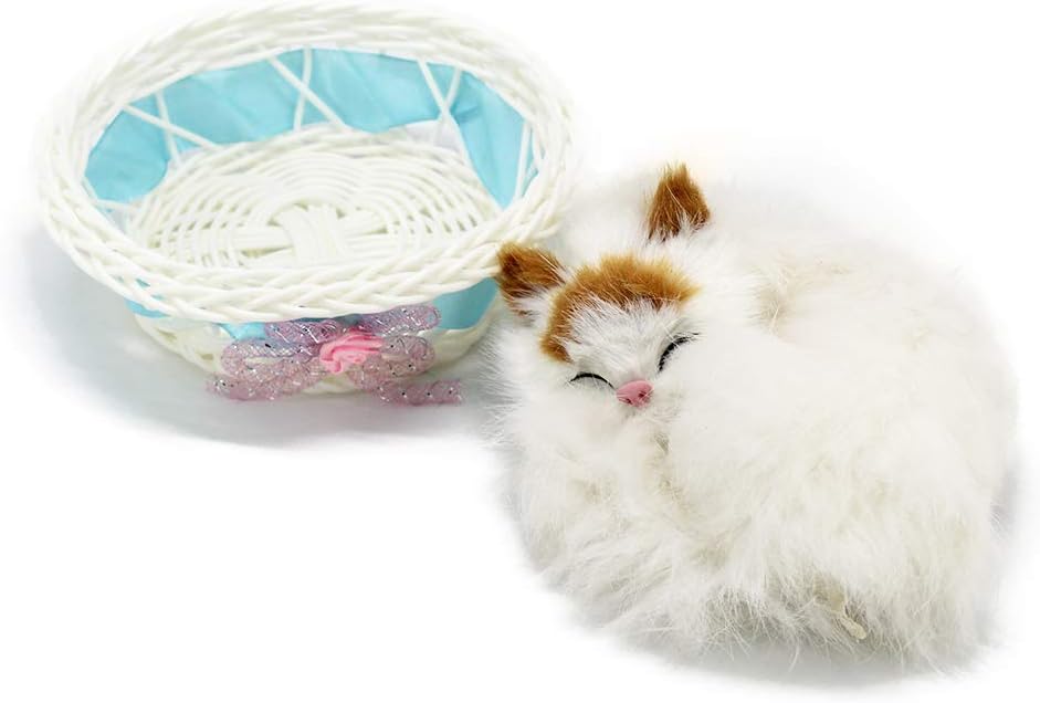 Sleeping Cat in Basket Doll Toy, Kitten in Basket with Meows Sounds Decor for Office Desk Hand Toy Gift for Kids Boys Girls