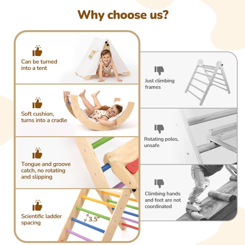 Pikler Triangle Set with Cushion, 8-in-1 Toddler Climbing Toys Indoor, Wooden Montessori Climbing Set with Arch Ramp,Ladder&Tent Cloth, Baby Indoor Climber Jungle Gyms for Toddlers Toy, Rainbow