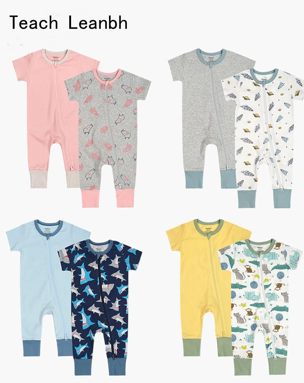 Teach Leanbh Baby Boys Girls 2 Pack 2 Way Zipper Footless Pajamas Cotton Short Sleeve Printing Romper Sleep and Play