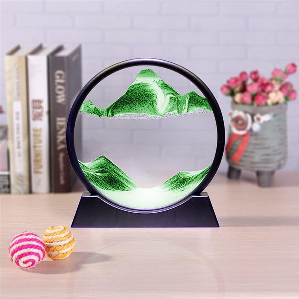 Moving Sand Art Picture in Motion Round Glass 3D Deep Sea Landscape, Dynamic Sand Art Sandscapes, Sensory Relaxing Desktop Table Decor Desk Decor Art Desk (7 inch, Green)
