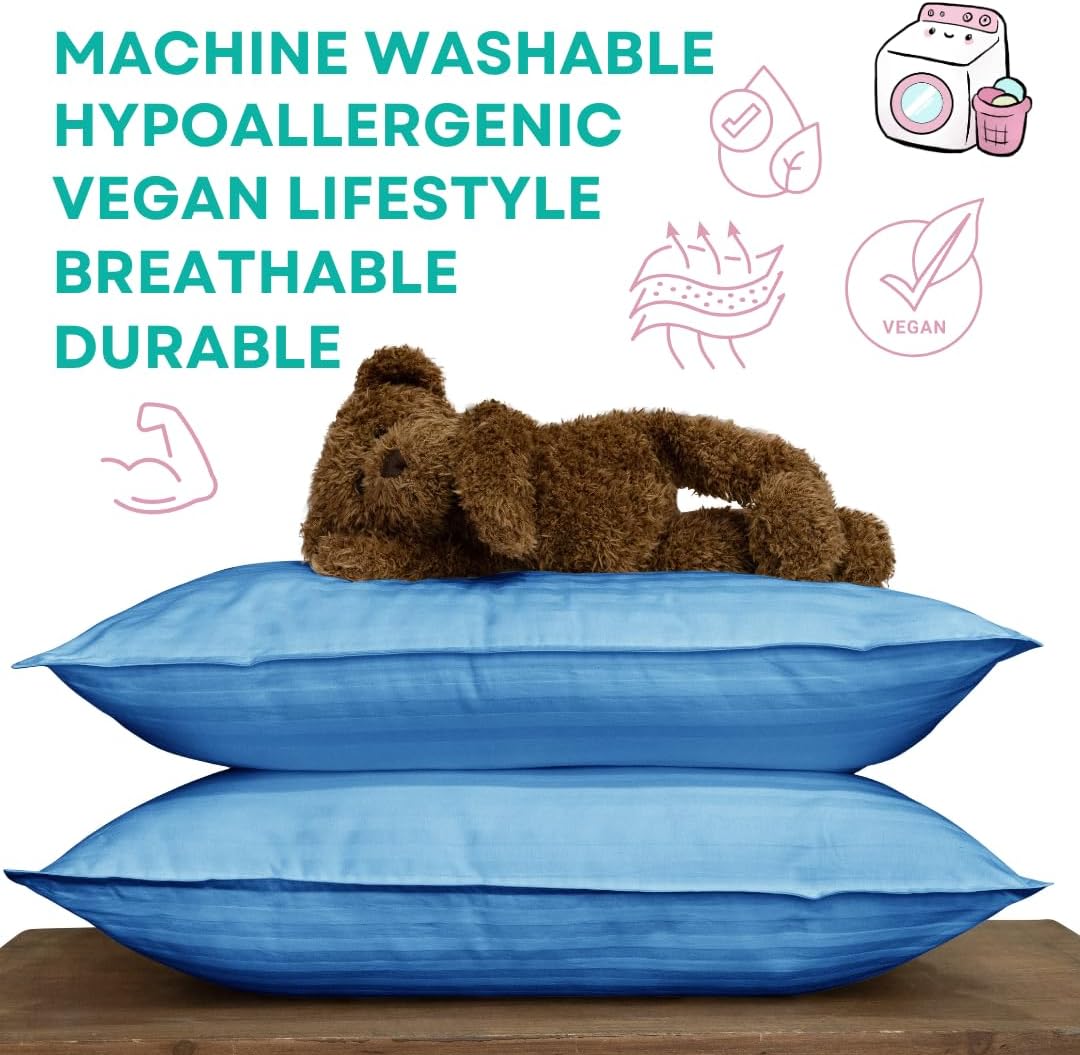 kinder Fluff Toddler Pillows for Bed (2X) - The Only Kids Pillow 300T Cotton Shell & Down Alternative Fill - Travel Pillow for Children Bedding Set Sleeping Pillow Floor Bed Pillows (14x20in - Blue)