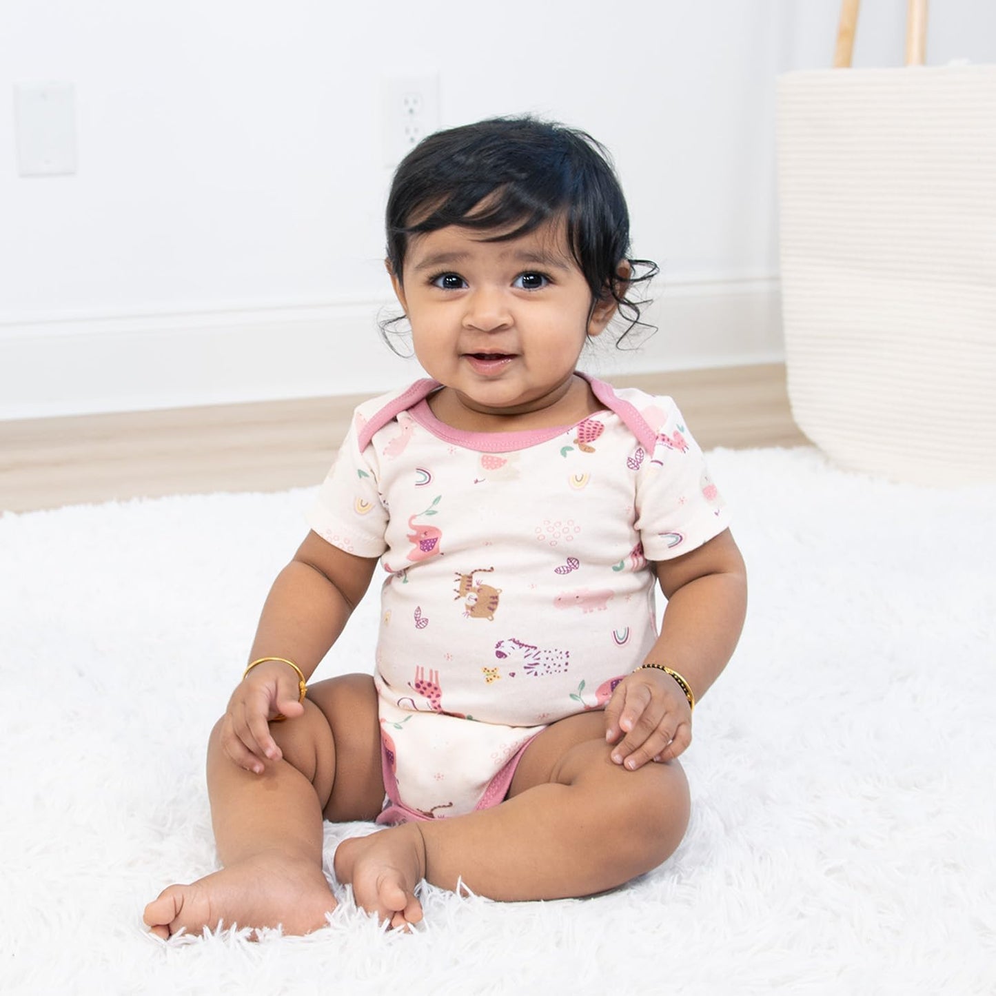 The Peanutshell Baby Girl Short Sleeve Bodysuits - 100% Cotton Infant Outfits, 0-24 Months - Rainbow Safari