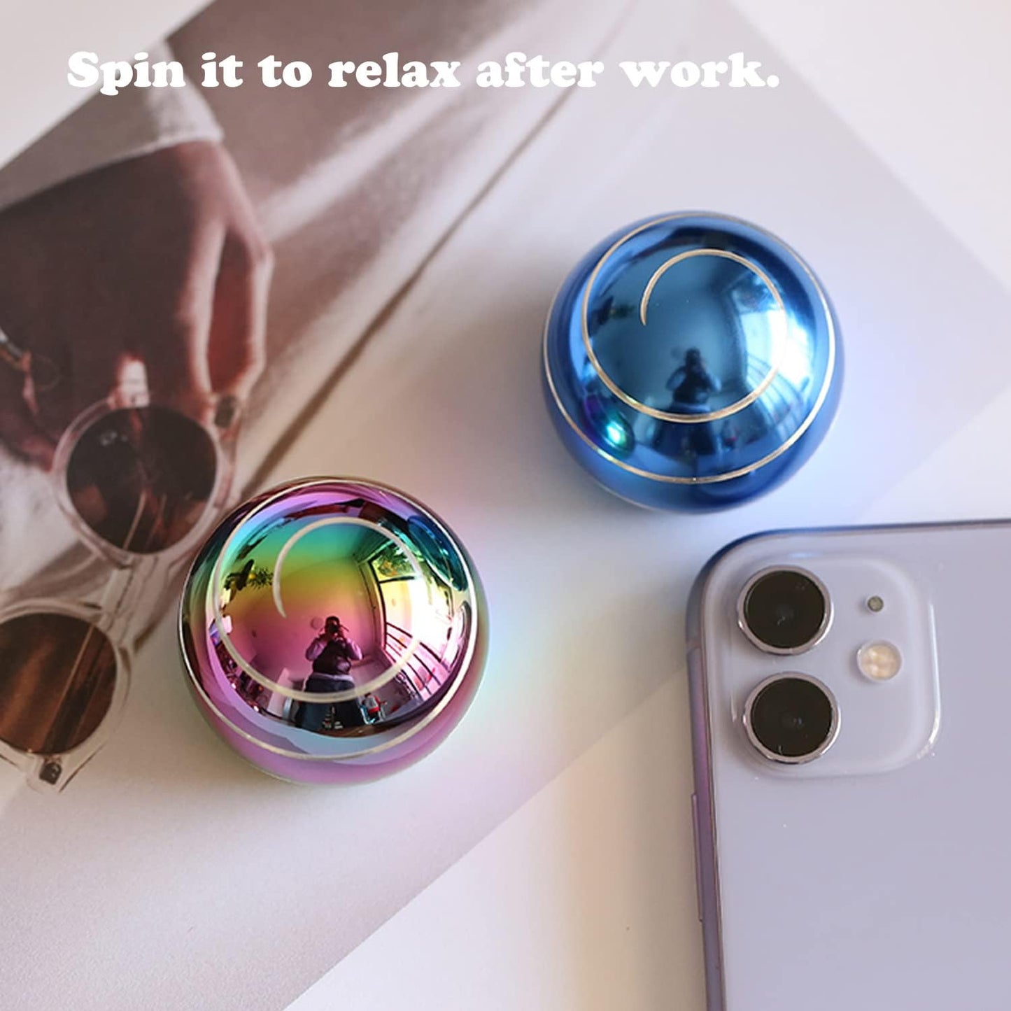 Metal Kinetic Desk Toy, Optical Illusion Fidget Spinning Top MulColorful Ball, Unique Executive Stress Relief Gift for Adults