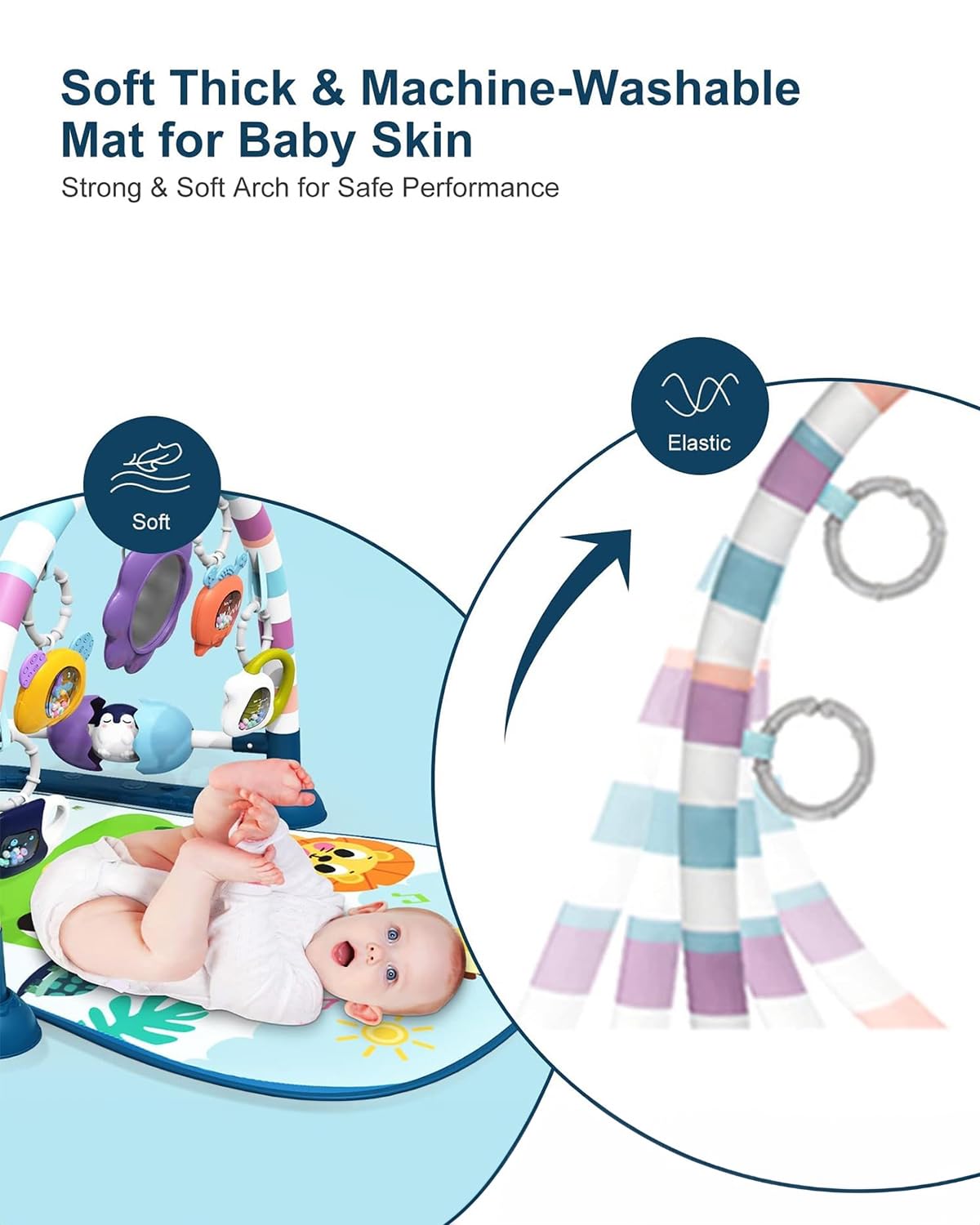 dearlomum Baby Play Mat Gym,Funny Play Piano Tummy Time Activity Mat with 5 Infant Sensory Toys & 4 Wrist Rattle Socks, Boy & Girl Gifts for Newborn 0 to 3 6 9 12 Months(Blue)