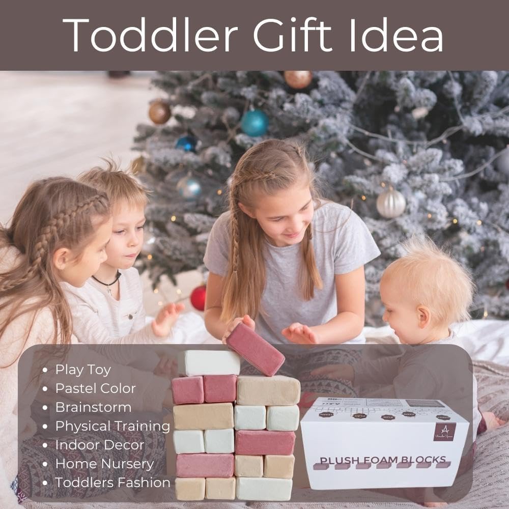 Wonder Space Plush Foam Blocks - Nursery Building & Stacking Toys for Toddlers Boys & Girls, Soft Smooth Velvet Cover, Early Education Gross Motor Skills & Brain Development (24 Bricks, Soft Blush)