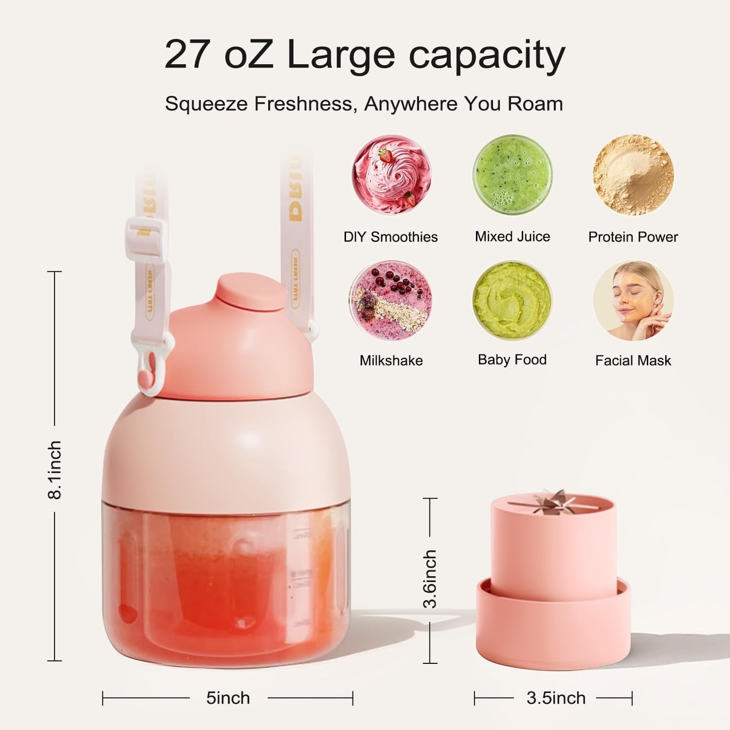 Portable Blender, Personal Blender for Shakes and Smoothies, 27oz Cup with 10 Blades, Shoulder Strap and Lid with Straw, Type-C USB Rechargeable, Dishwasher Safe Parts, BPA Free, Pink