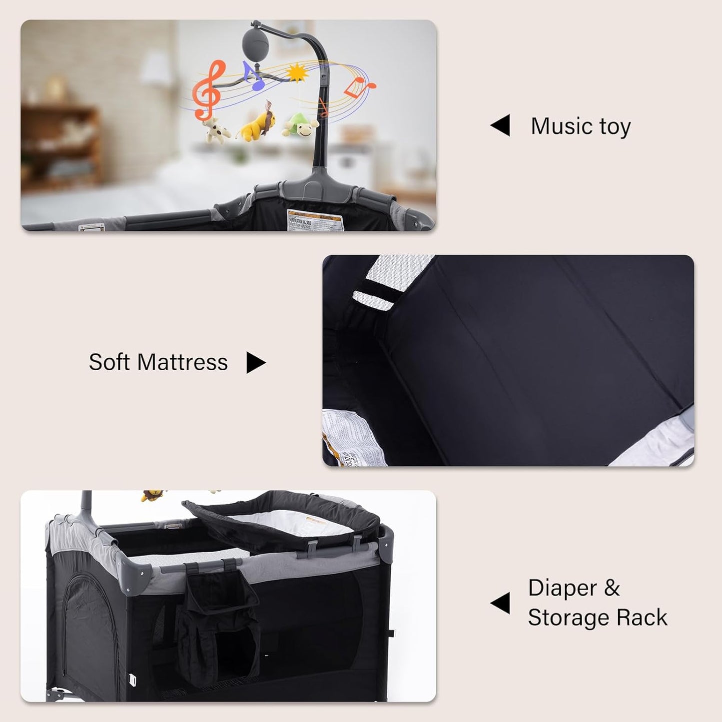 5 in 1 Baby Crib,Bedside Sleeper Bassinet,Pack and Play with Bassinet and Changing Table,Portable Travel Playpen Music Box,Portable Travel Crib for Infant Newborn (Black Gray)