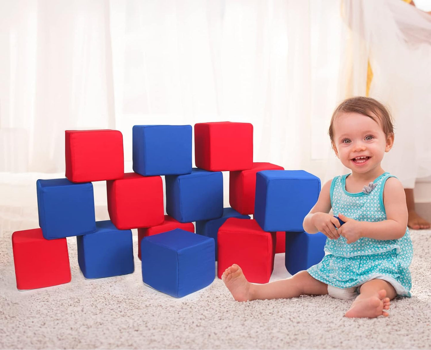 Toddler Foam Blocks, 16 PCS 5.5 inch Colourful Foam Soft Cubes for Kids, Stacking Block Sets Building Blocks Throwing Toys(Blue and Red)