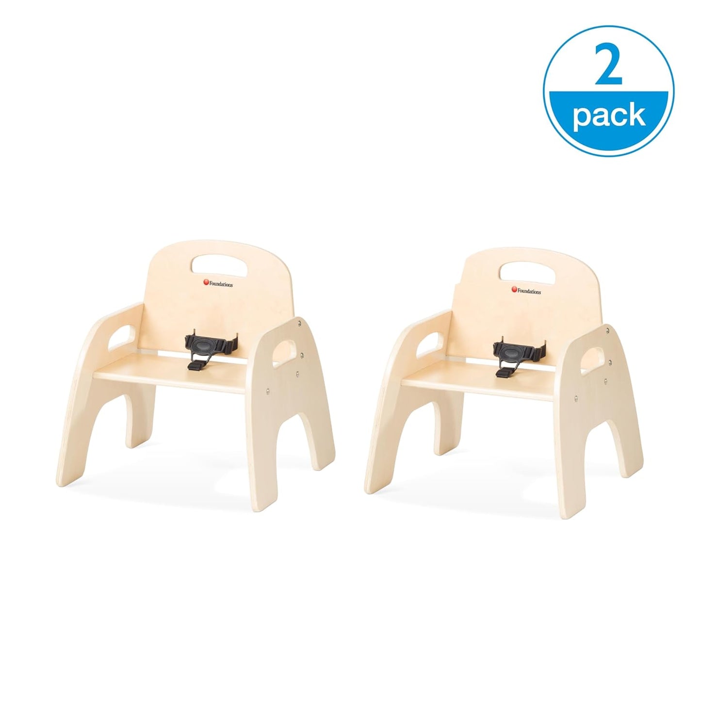 Foundations Simple Sitter 7” Low Wood Feeding Chairs, Wide No-Tip Base, Adjustable Safety Harness, Stackable Wood Toddler Chairs with Food Service Grade Finish, 2 Pack