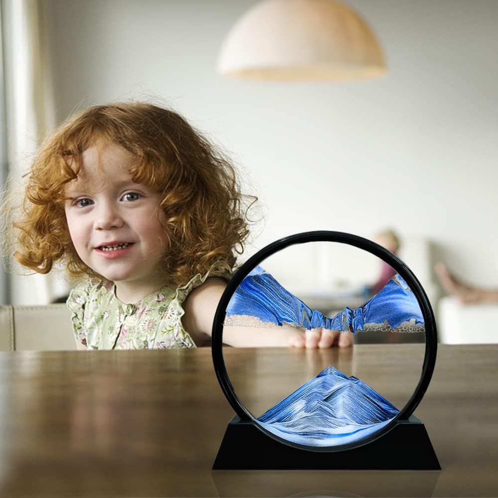 Aoderun Moving Sand Art Picture Round Glass 3D Deep Sea Sandscape in Motion Display Flowing Sand Frame Relaxing Desktop Home Office Work Decor (12", New blue)