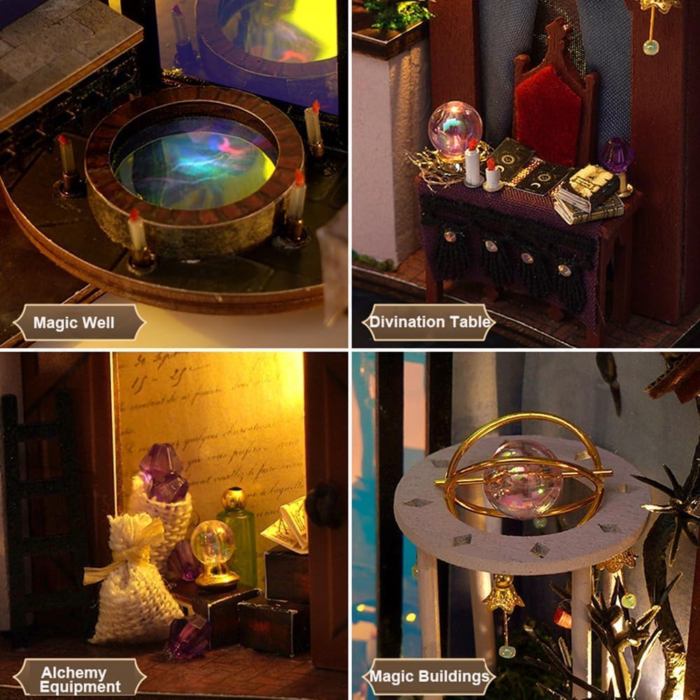 WYD DIY Bookstand Kit British Magic House Street View Architectural Model Handmade Desk Insert Decoration Wooden Mini Doll House Youth and Adult Best Gift