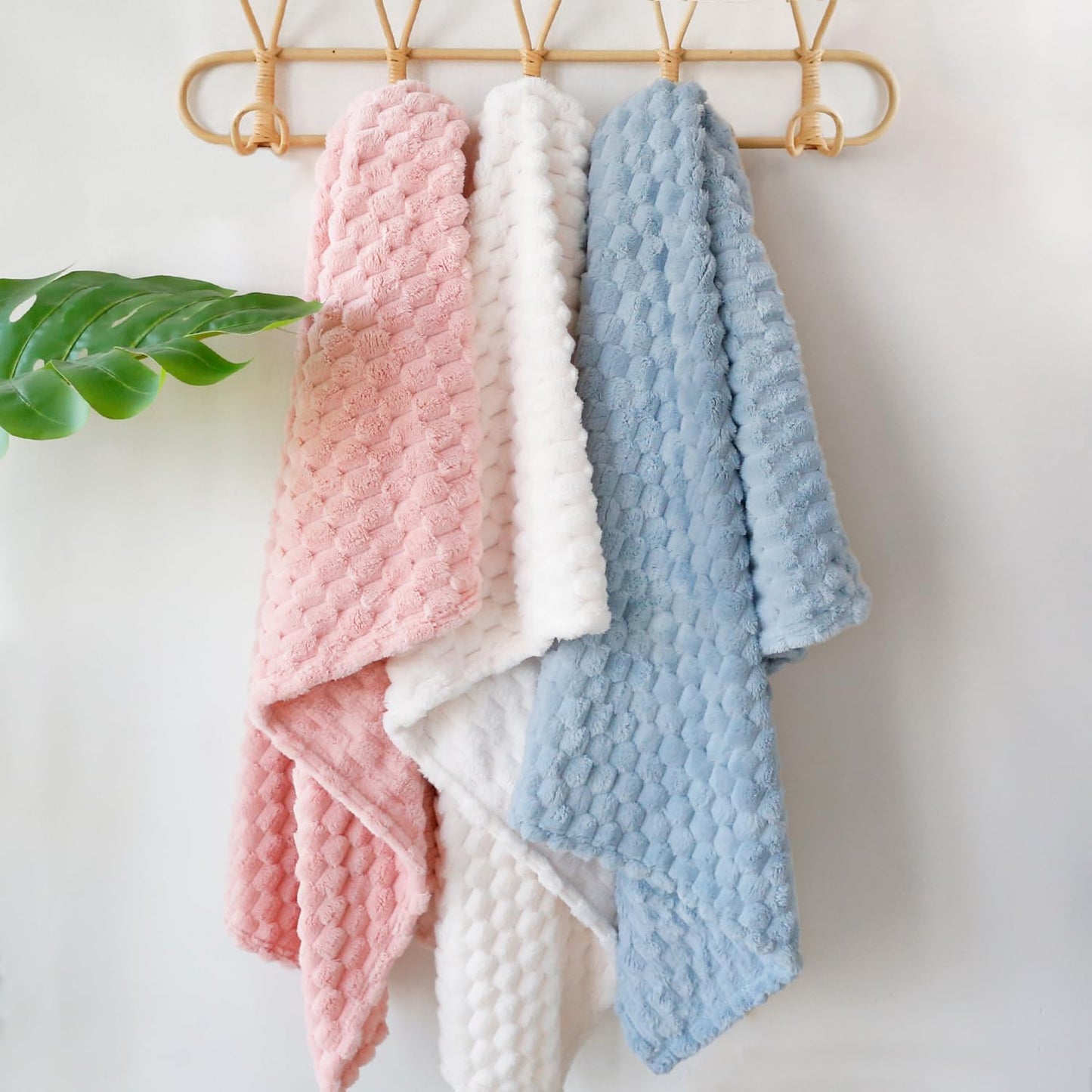 HOMRITAR 4 Pcs Baby Fuzzy Blanket 3D Jacquard Fluffy Blankets for Boy Girls, Soft Warm Cozy Flannel Fleece Warm Blanket Nursery, Stroller Toddler Bedding, 30 x 40 Inch (Blue, Cream, Pink, Khaki)