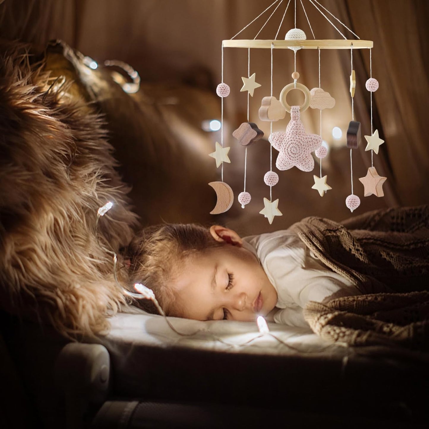 Baby Crib Mobile for Boys Girls| Boho Nursery Mobile| Gender Neutral Hand-Crocheted Mobile| Ceiling Mobile - Stars, Clouds, Moon (Pink)