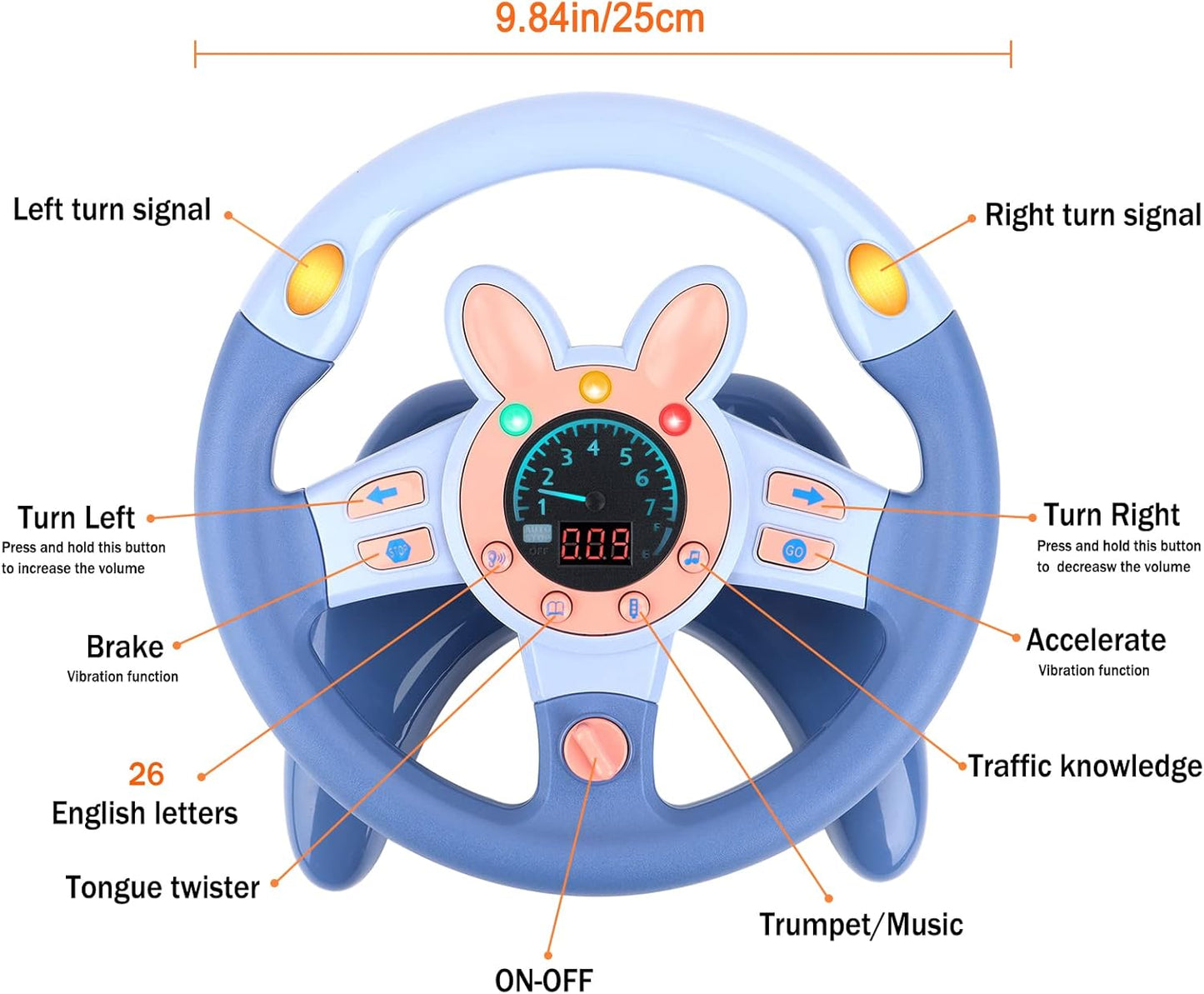 deAO Kids Steering Wheel for Backseat with Key Baby Toys Pretend Driving Simulated Steering Wheel Toy with Light and Music Gifts for Kids Toddlers Blue