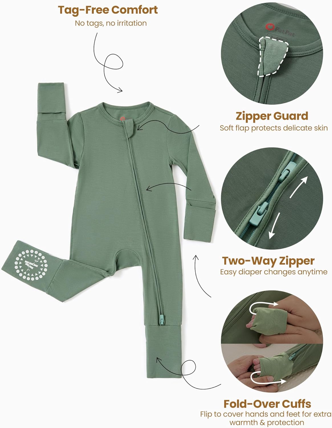PATPAT Baby Footies Boys Girls - Bamboo Viscose - Zipper & Non-Slip Soles Romper Mitten - Footed & Footless Infant Clothes