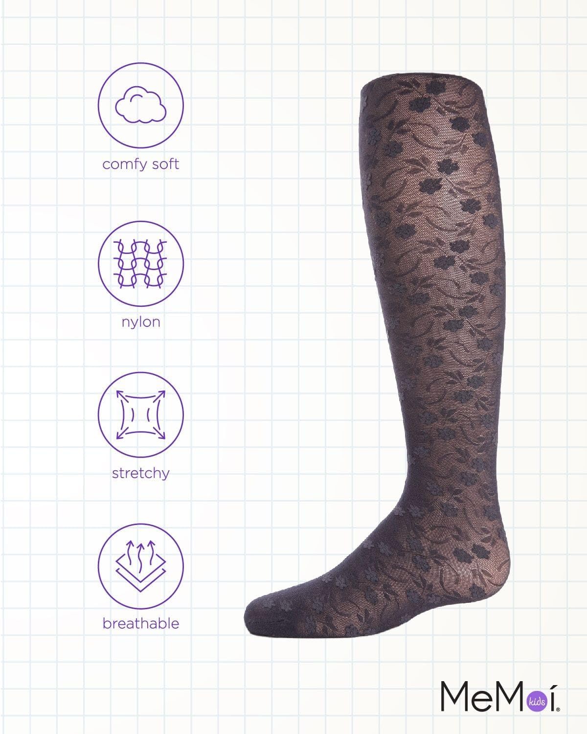 MeMoi Sweet Blossoms Sheer Tights for Girls, Ultra Soft and Lightweight Floral Lace Girls Tights - Sizes 2-14