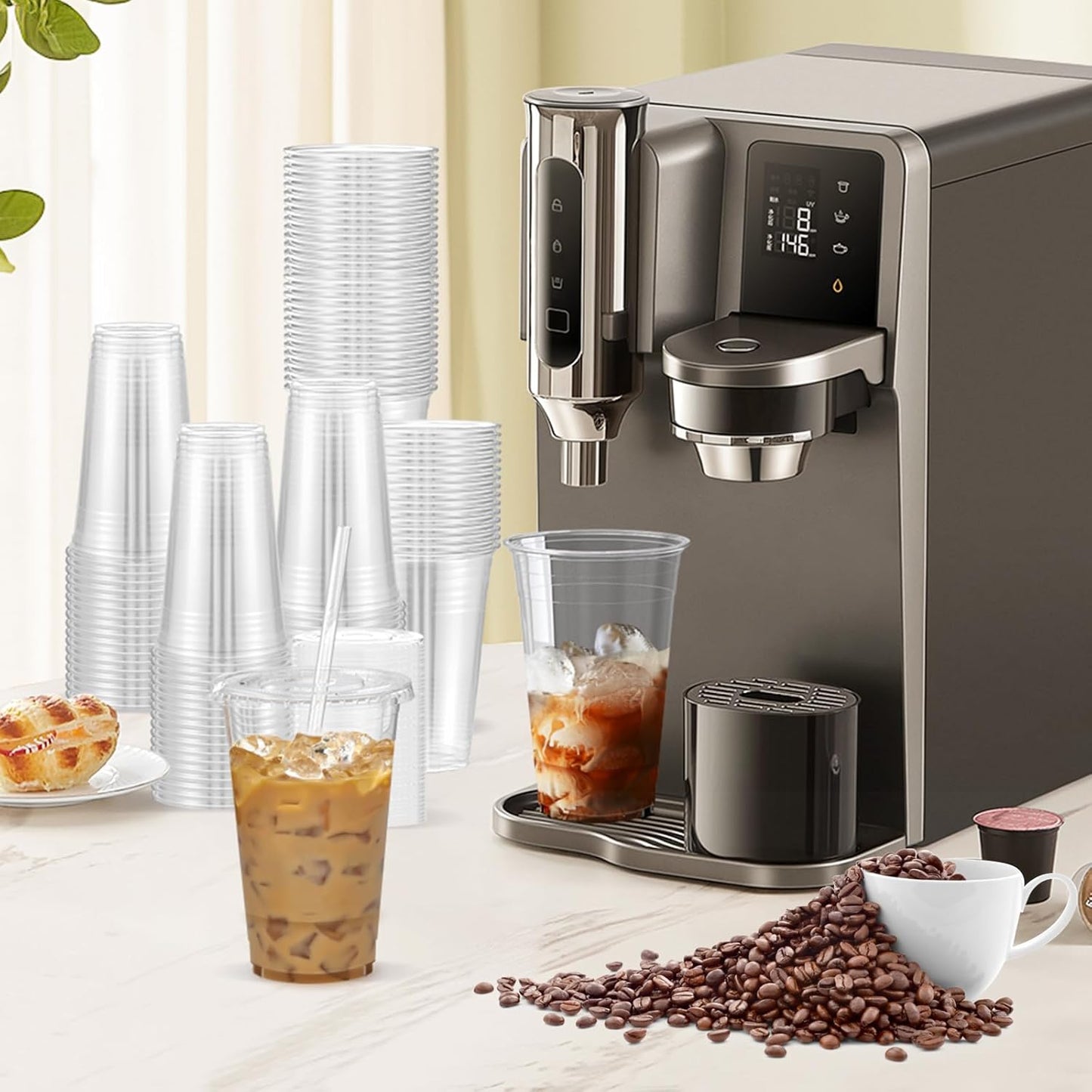 100 Pack - 24 oz Clear Plastic Cups with Lids and Straws, Sturdy & Food Safe Iced Coffee Cups with lids, Disposable Plastic Smoothie Cups for Cold Drinks