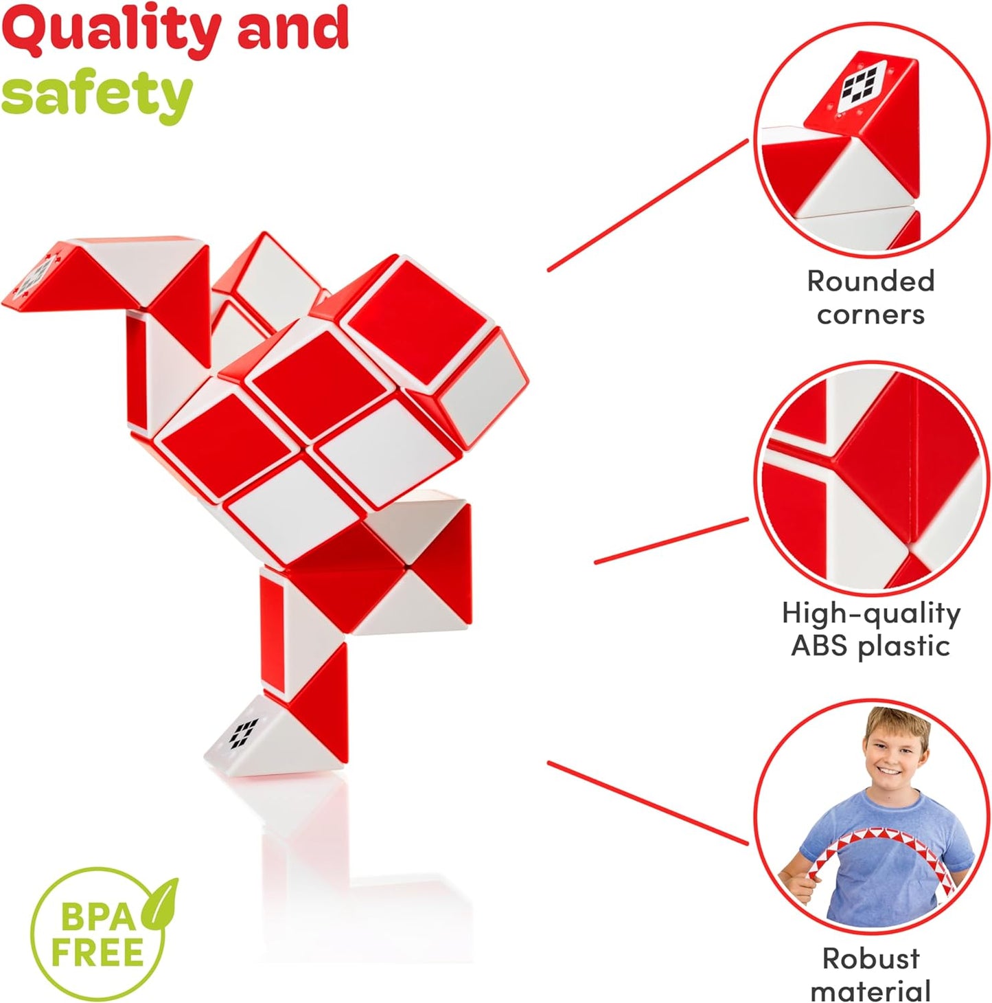 CUBIDI® Magic Snake Cube | Fidget Snake Toy for Kids | Travel Toys for Kids Ages 4-8 | Great Gift for Boys and Girls Birthday, Christmas, Stocking Stuffers - 36 Blocks | 0.9 inch x 0.7 inch | Red