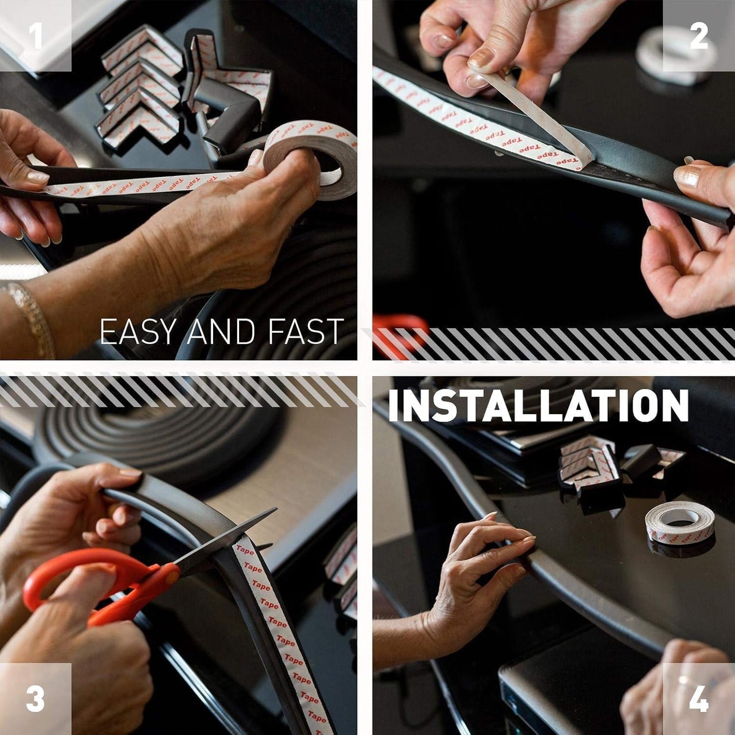 Baby Proof Corners & 15ft Edges with Furniture Corner & Edge Safety Bumpers, Impact-Absorbent Bumper & 4 Foam Corner Protectors, Cushy, Thick, Odorless Table Edge Protectors for Baby, Child | Black