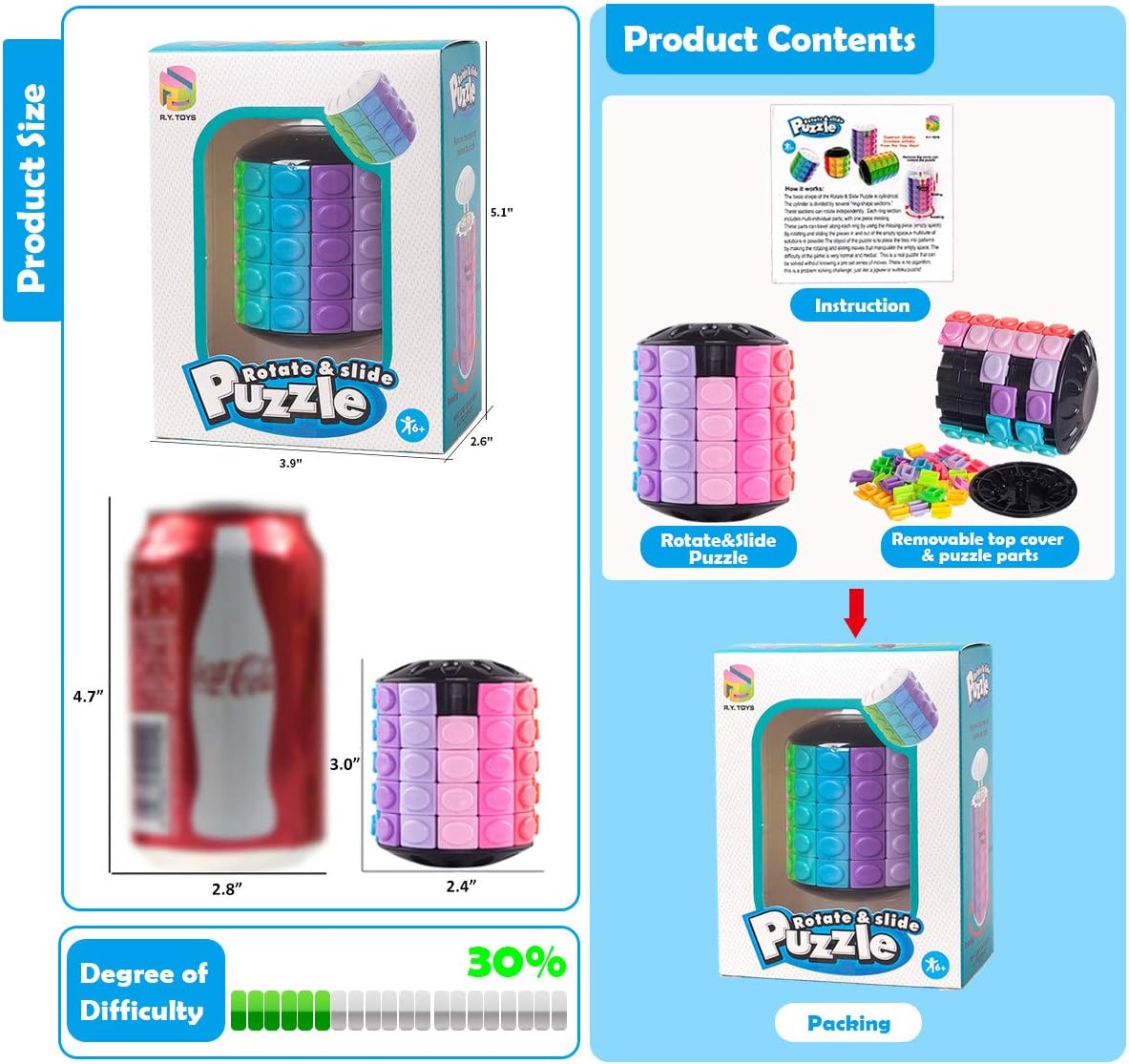 R.Y.TOYS Rotate and Slide Puzzle-Design Patent,Fidget Toys(Restore/Create)-12 Colors,5 Layers-Open Cover for Quick Play,Brain Teaser,Sensory Toys,Stocking Stuffers,Easter Basket Stuffers Essentials