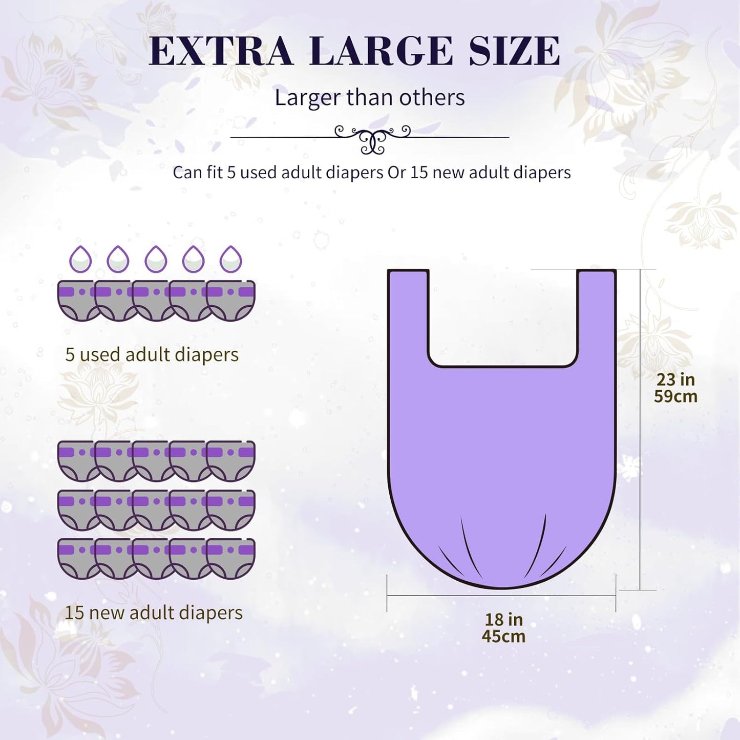 Large Adult Diaper Disposal Bags (18’’x23’’),96 Pcs, Scented, Elderly Waste Disposal, Baby Diapers Disposal Trash Bags, Sanitary Product Disposal at Home and Travel, Purple