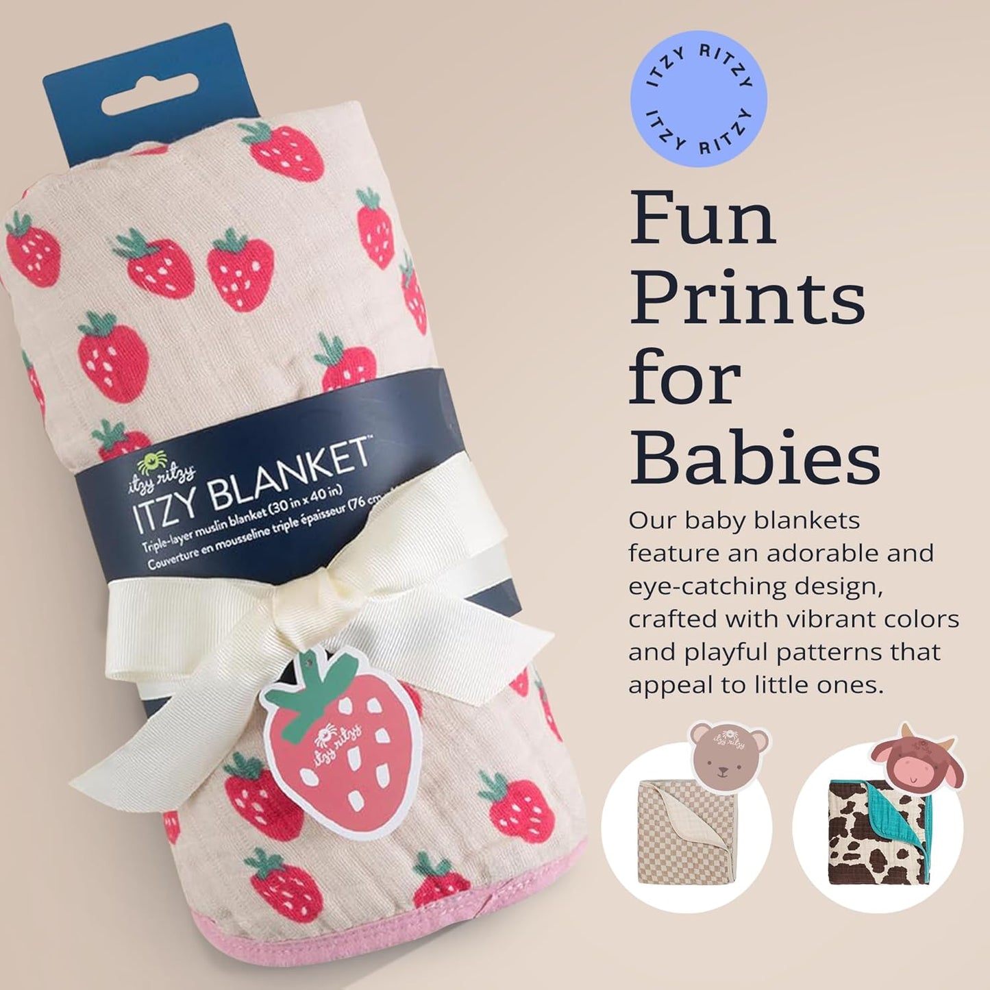 Itzy Ritzy Baby Blanket – Soft Cotton Muslin Multi-Use Blanket - Can Be Used as a Tummy Time Mat, Nursing Cover, Stroller Shade & More – Measures 30" x 40", Machine Washable (Strawberry)