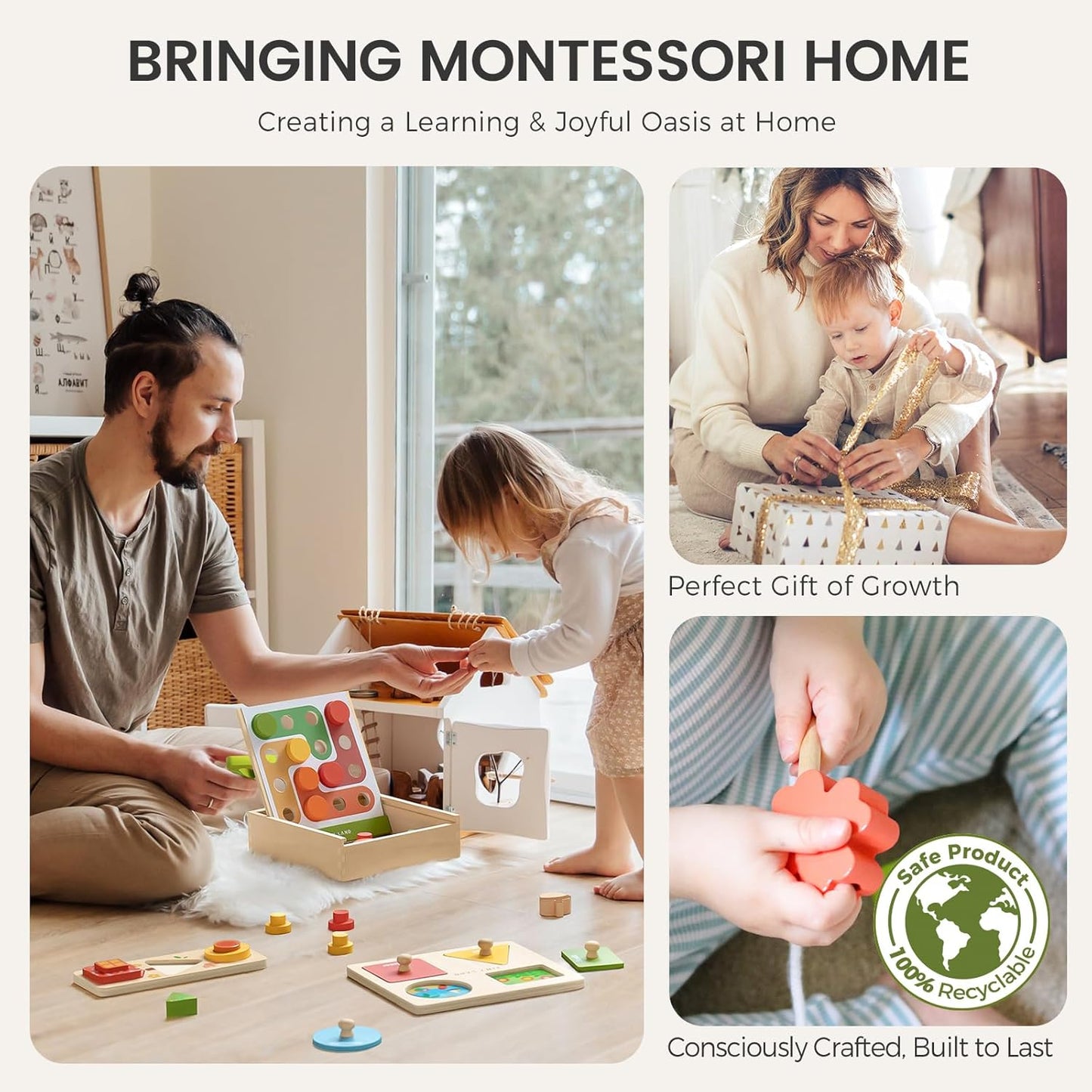 Tiny Land Montessori Toy Set for Babies 18-24 Months Investigator Play Kit- 4-in-1 Wooden Learning Toys with Color Sorting, Lacing Beads, Shape Matching, and Seasons Puzzles