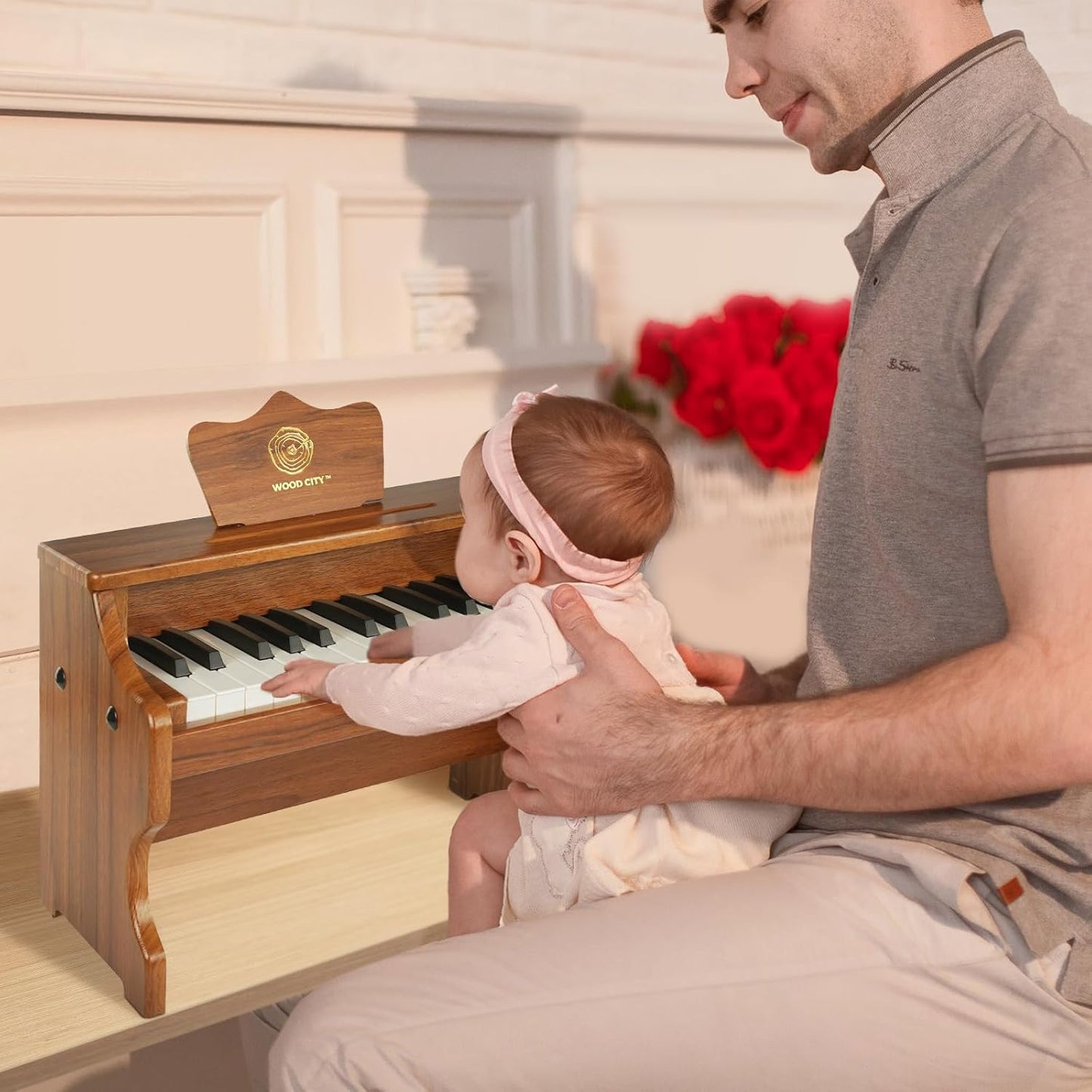 Wood City Wooden Piano Toys (25 Keys) Mini Music Educational Instrument Toy Toddler Baby Kids Piano Keyboard with Music Stand and Color Coded Keyboard Stickers for 3-7 Year Old