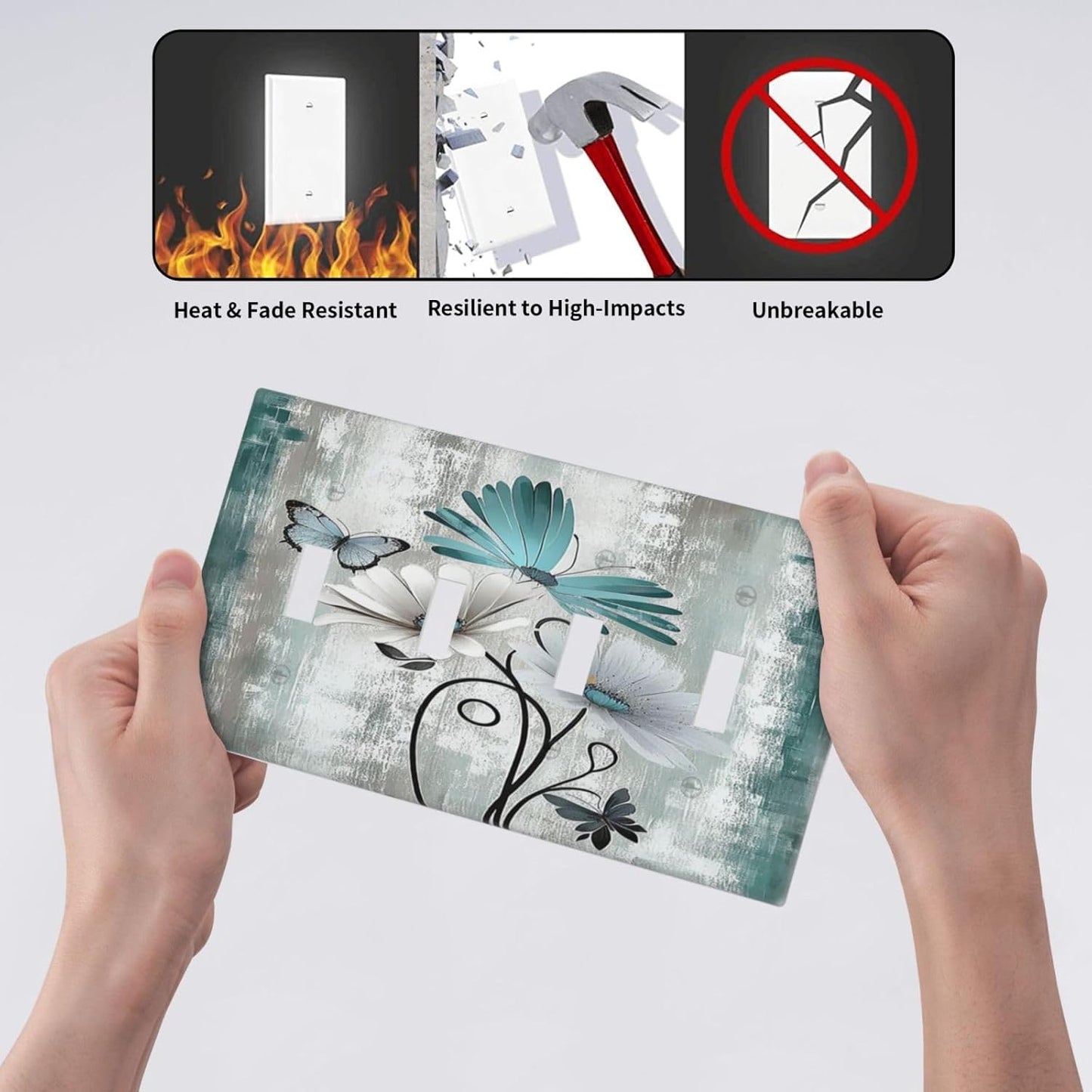 Light Switch Covers Rustic Teal Daisy Floral Flowers Butterfly Wood Grain Quad Toggle Electrical Faceplate 4 Gang Wall Plate Decorative Switch Plates for Bathroom Bedroom Decor