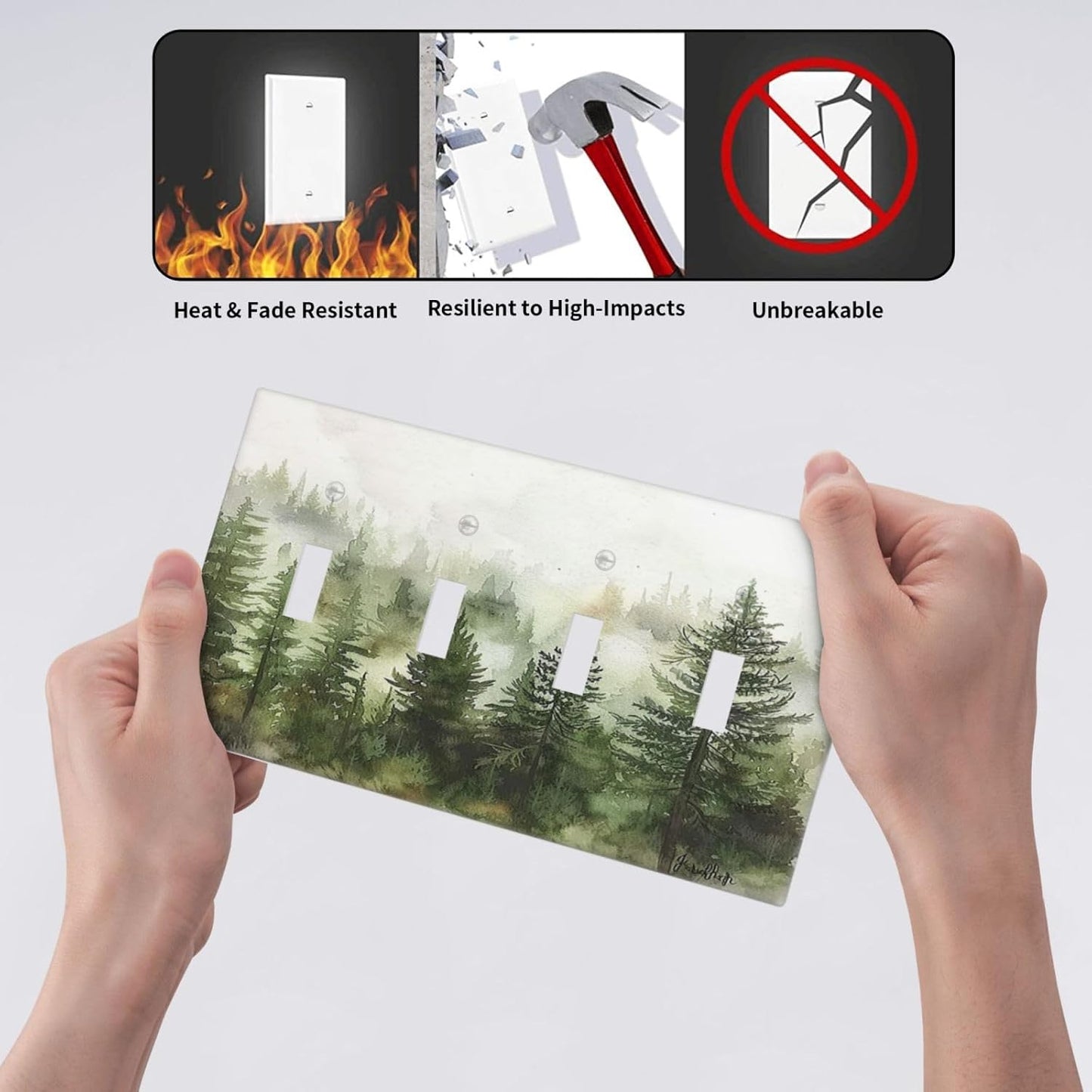 Light Switch Covers Green Forest Watercolor Painting Foggy Pine Quad Toggle Electrical Faceplate 4 Gang Wall Plate Decorative Switch Plates for Bedroom living Room Decor