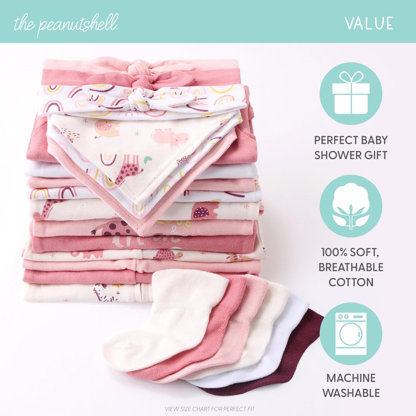 The Peanutshell Baby Layette Gift Set for Girls - 23 Piece Newborn Girl Gift Sets, Baby Clothes & Essentials - Rainbow Safari