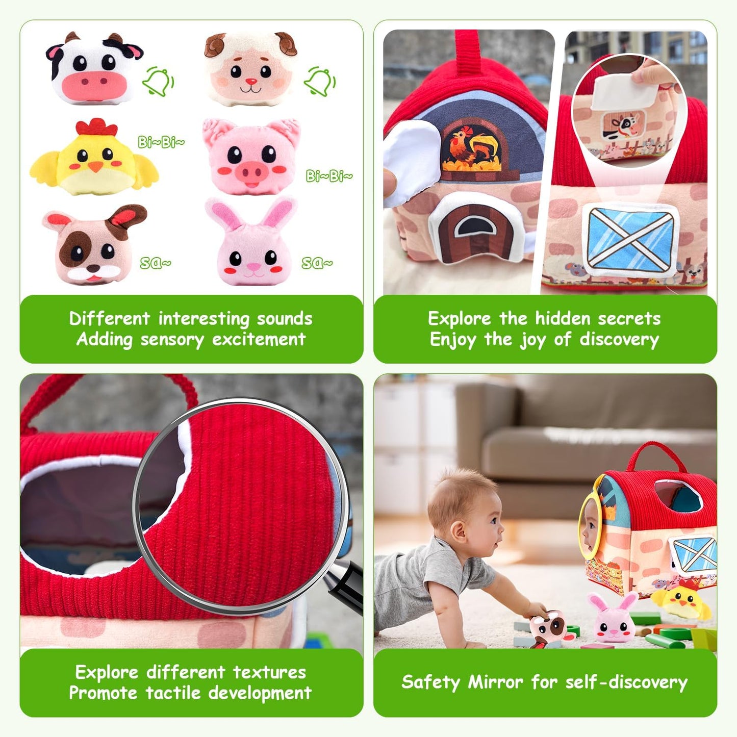 Baby Toys 6-12 Months, Soft Barn Toy with 6 Stuffed Farm Animals, Rattle, Crinkle, Mirror, Sensory Toys for Toddlers 1-3, 6 7 8 9 10 Month Old Baby Toys, Montessori Toys Gift for 1 Year Old Boy Girl