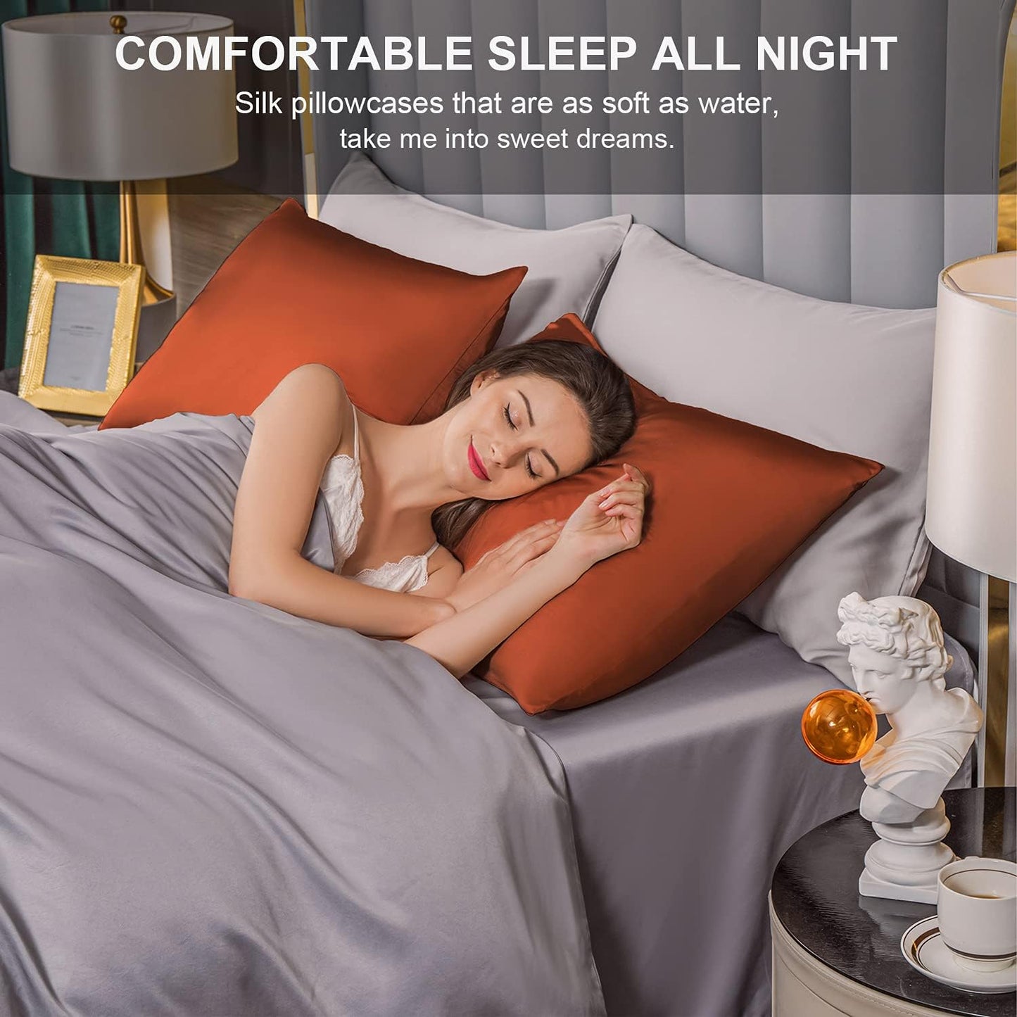 Mulberry Silk Pillowcase for Hair and Skin,King Size Cooling Silk Pillow Case with Hidden Zipper,Allergen Proof Dual Sides Soft Breathable Smooth Silk Pillow Cover for Women(King,Orange)