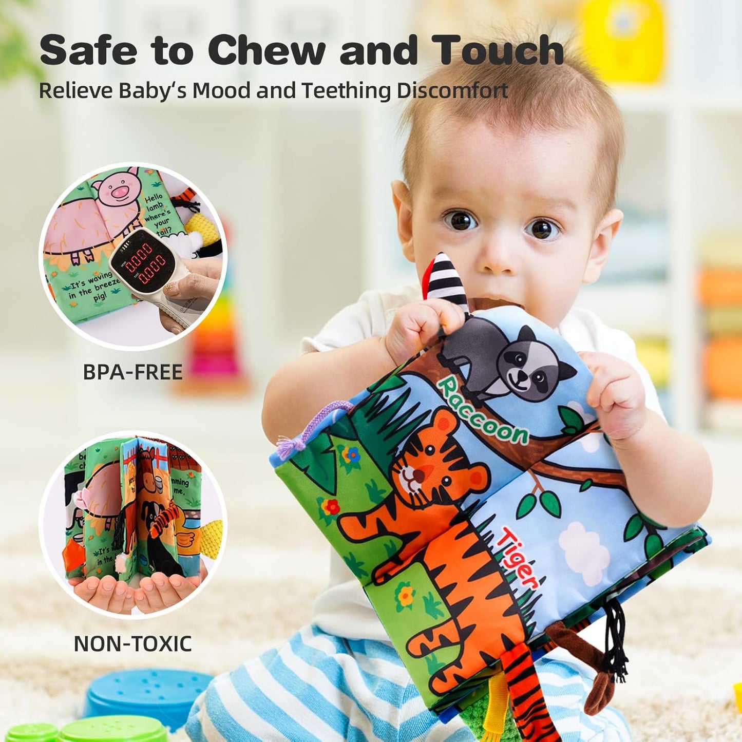 Jollybaby 2 PCS Sensory Touch and Feel Crinkle Books for Baby 0-6 Months, Jungle Farm Tails Montessori Car Set Toys for Tummy Time Newborn 6-12, Soft Fabric Cloth Books for Infant 1 Year Old Gift