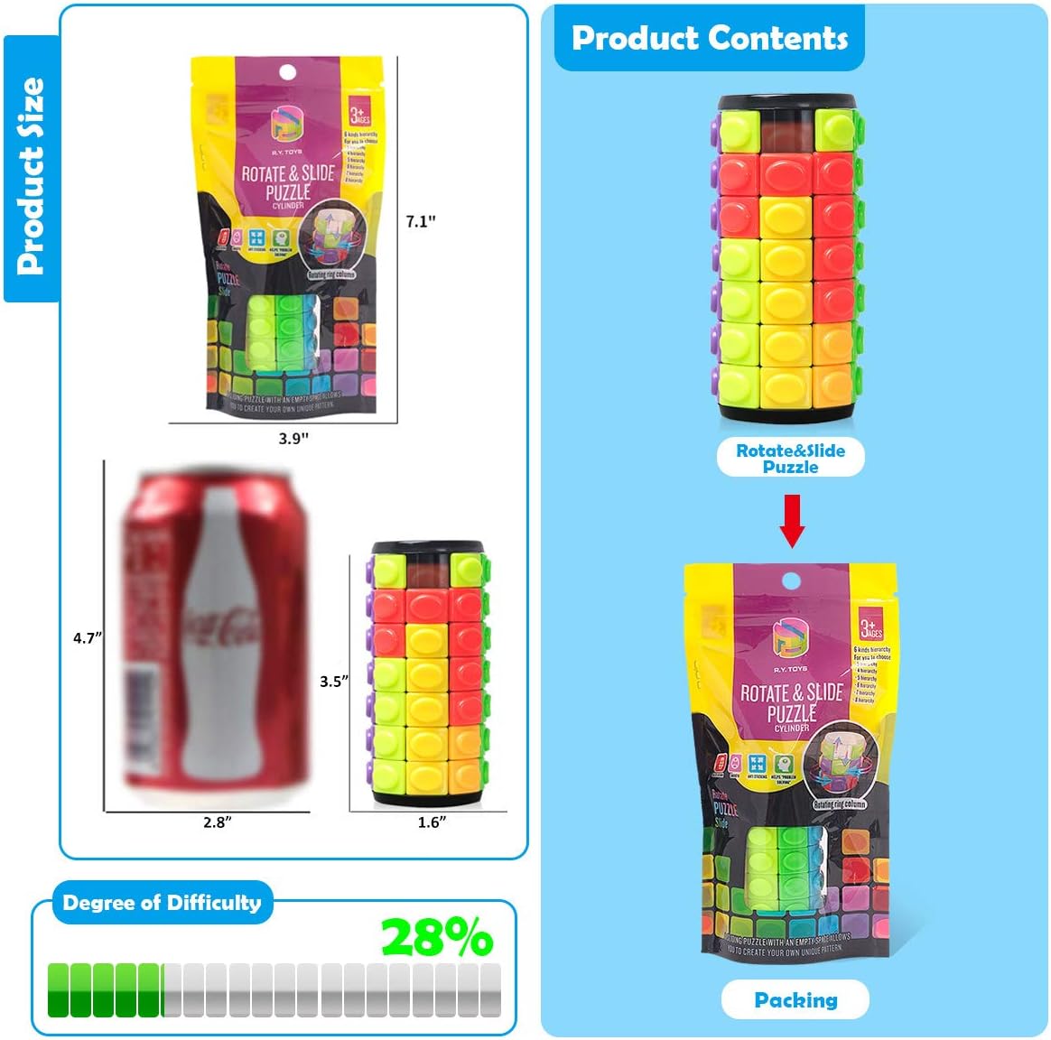 R.Y.TOYS Rotate and Slide Puzzle-Design Patent,Fidget Toys(Restore Order/Create Patterns) 8 Colors,7 Layers-Detach Piece for Quick Play,Brain Teaser,Sensory Toys,Birthday Gifts,Easter Basket Stuffers