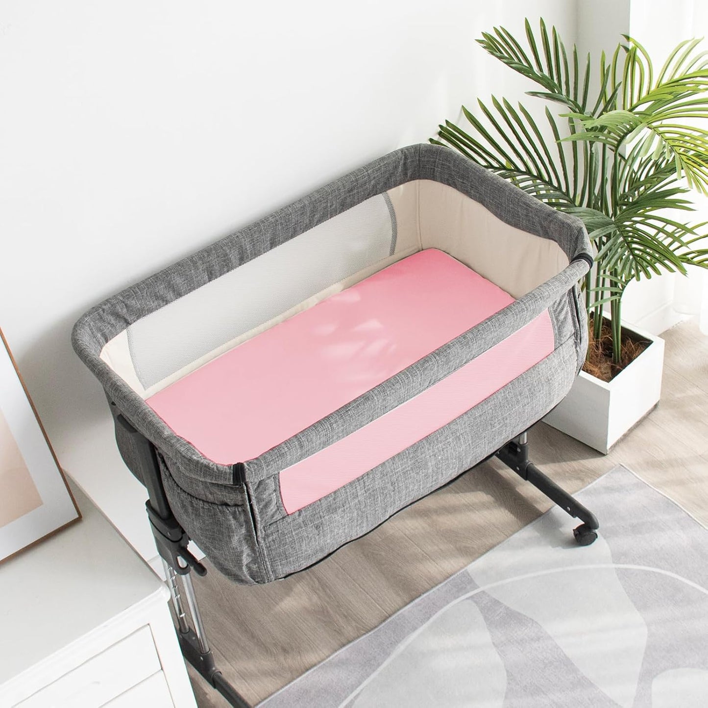 Waterproof Bassinet Sheets Fit for Miclassic, Baby Delight, TCBunny, Milliard, Dream On Me Traveler/Skylar and Other Bedside Sleeper Bassinet Mattress, Ultra Soft Microfiber Sheets, Grey & Pink