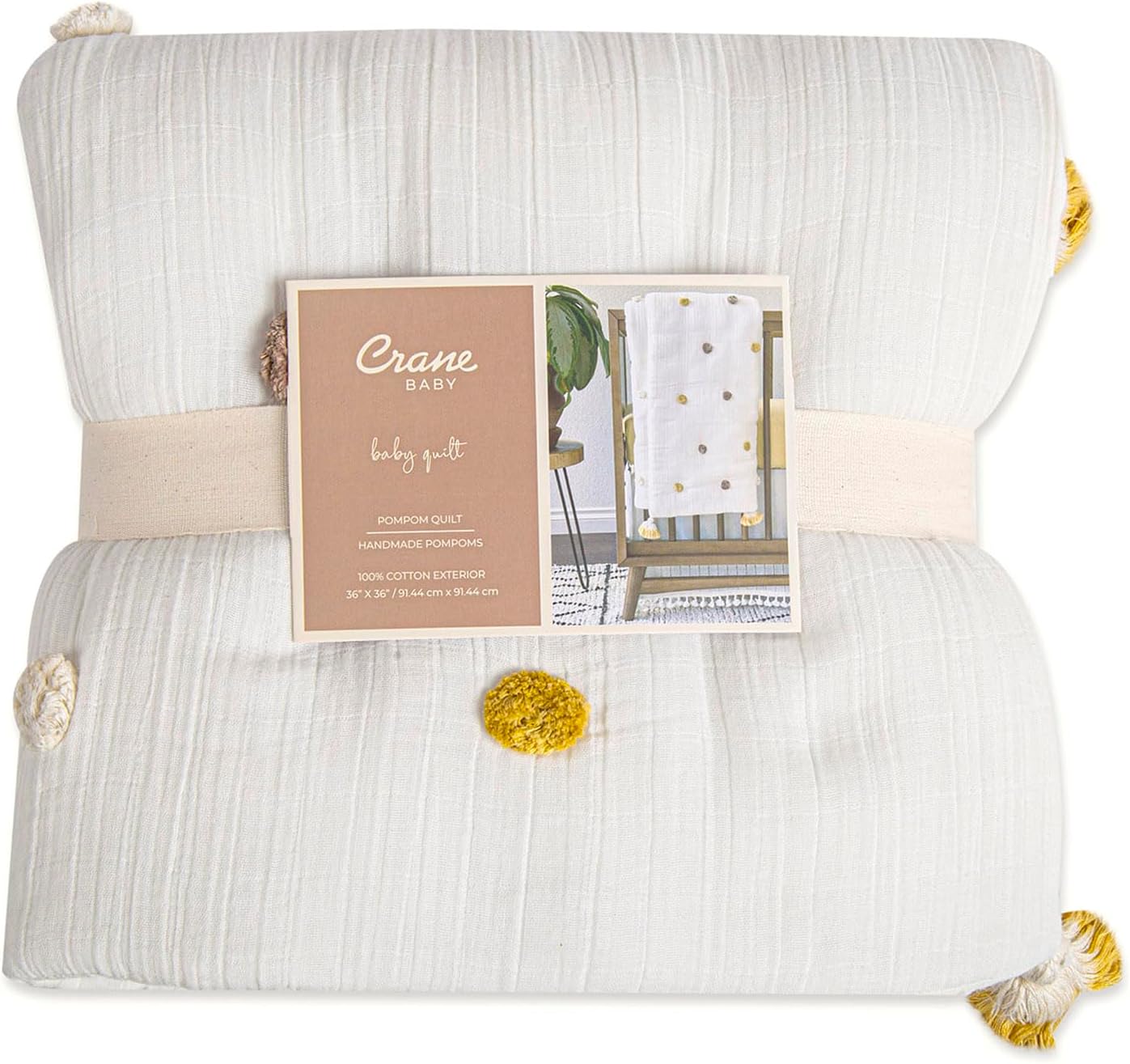 Crane Baby Blanket, 36” x 36”, Soft Cotton Pom Pom Nursery Blanket for Boys and Girls, Cream