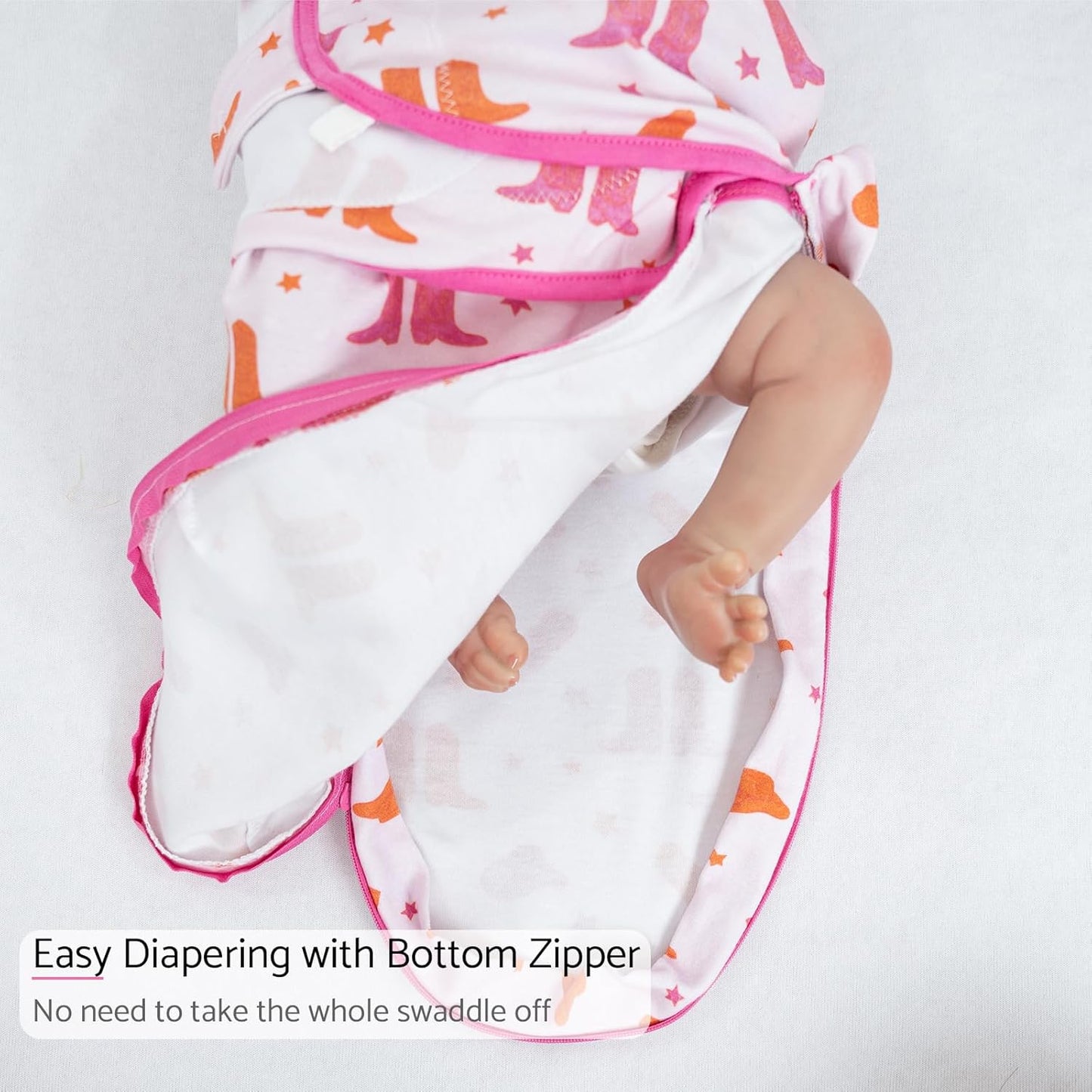 LollyBanks Baby Swaddles 100% Organic Cotton, 3-6 Months Baby Girl Swaddles with Easy Change Zipper, Swaddle Sack for Newborn Girls (Pink Boot Print)
