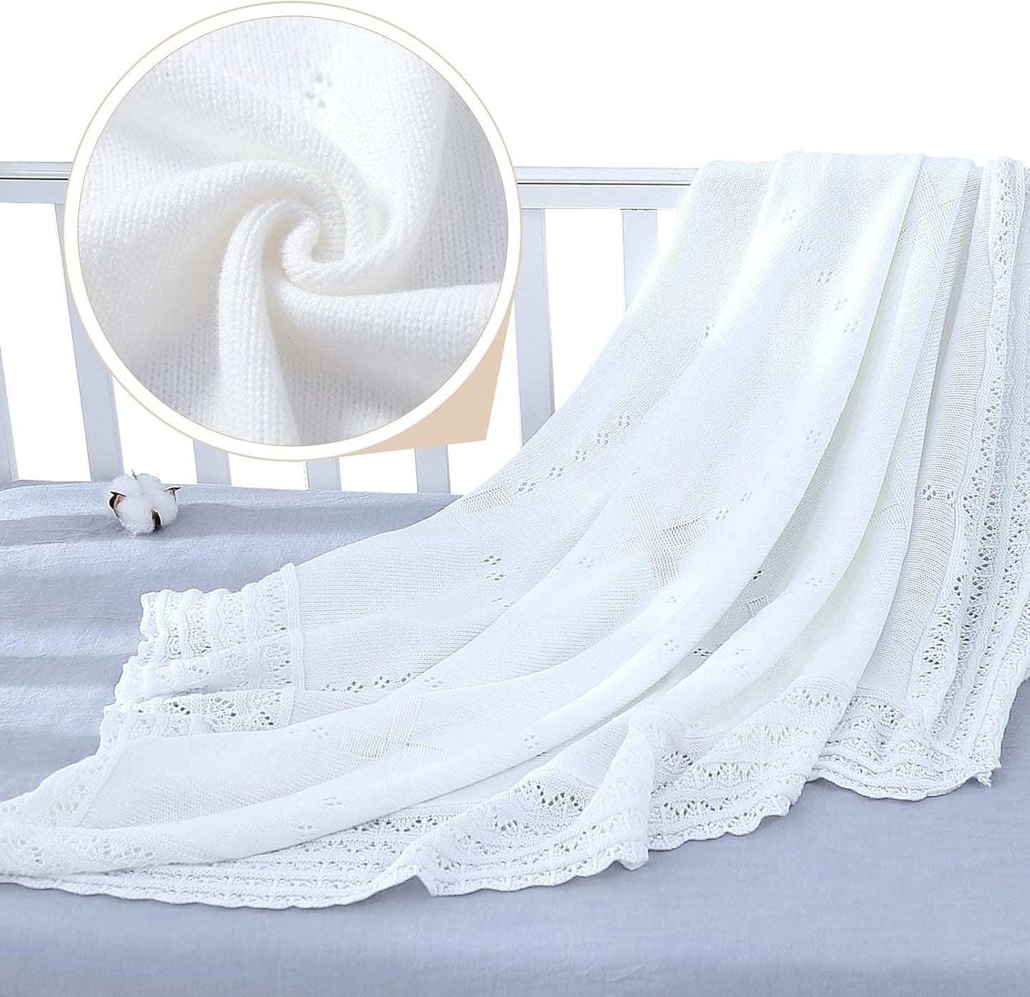 Booulfi Baby Blanket White Receiving Blanket Baptism Christening Towel for Newborn Girls Boys, White Cotton Knit Thermal Baby Blanket Shawl with Cross Pattern, 47”x47”