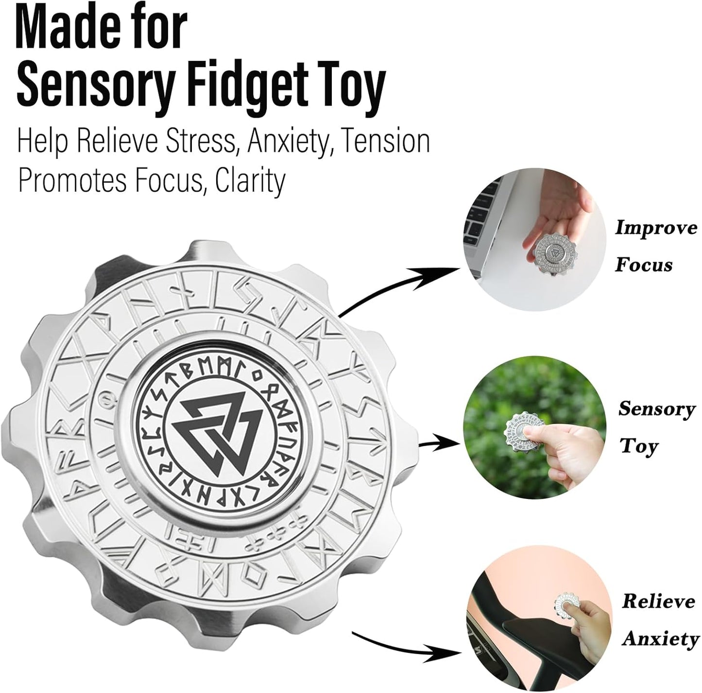 FREELOVE Metal Fidget Spinner, Viking Pirate Haptic Gyro, Heavy Stainless Steel Hand Spinning, Small Round Gear Fidget Block, Premium Bearing Silent Long Spinning for Adults Anxiety Cool, Silver