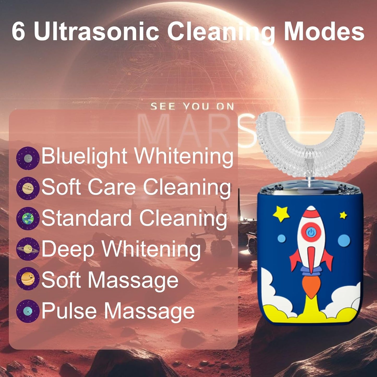 Kids U Shaped Electric Toothbrush Ultrasonic Automatic Brush with 5 Brush Head Rinse Cup 6 Clean Modes IPX7 Waterproof Whole Mouth Rechargeable Smart Timer Toothbrushes for Children Age 2-7