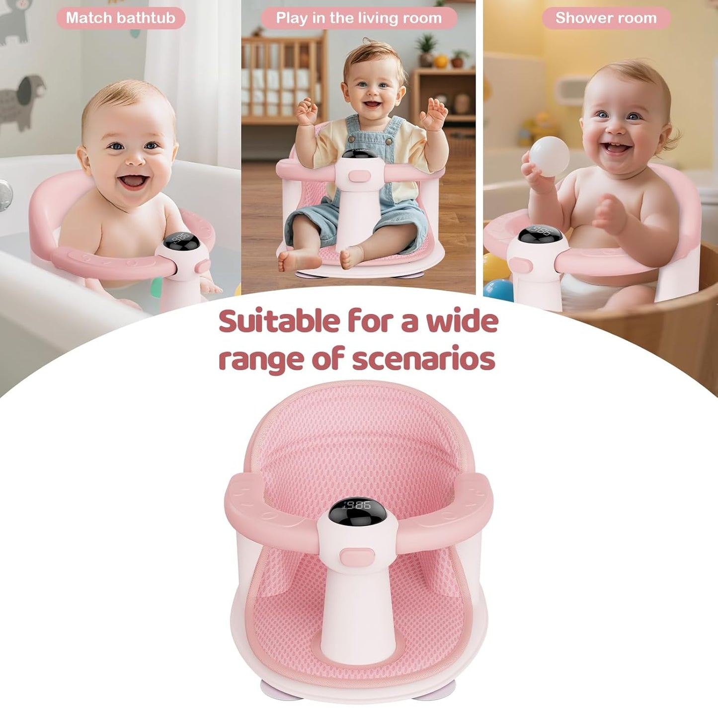 Baby Bath Seat-for Babies 6 Months & up, Water Temperature Display+Soft Cushion, Non-Slip Toddler Bath Seat for Baby, Sit Up Bath Seat for Baby, Pink