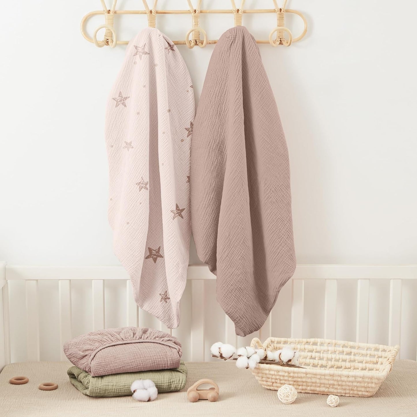 Bearmoss Muslin Crib Sheets - 100% Cotton Baby Crib Sheets Fitted for Standard Crib Mattress & Toddler Bed Mattress 52"x28" Soft Breathable Crib Sheet Neutral for Boys Girls - 2 Pack (Pink Star)