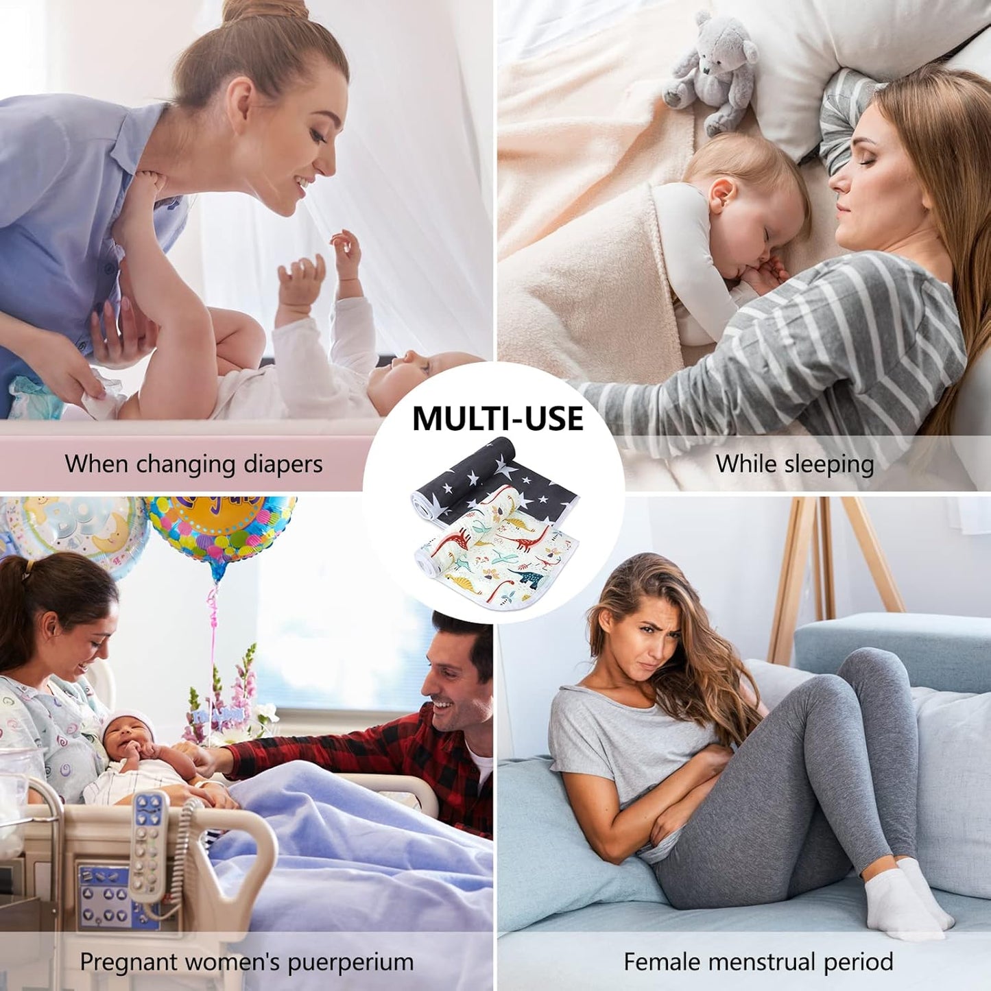 2Pcs Diaper Changing Pads for Baby, Dinosaur Change Mat, 3Layers Waterproof Change Pad Foldable Absorbent Mats for Women, Reusable Incontinence Underpads for Patient 24''x30'' (Dinosaur Black Star)