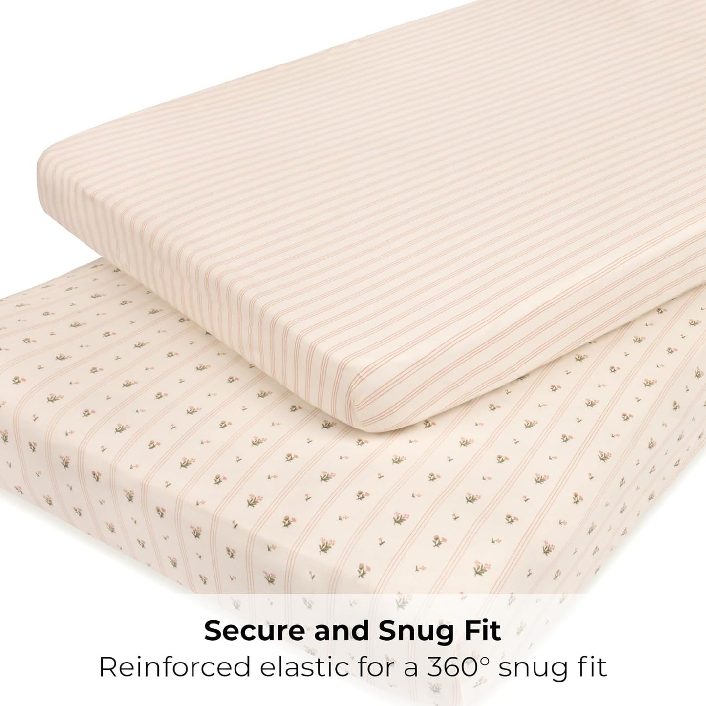 Ely's & Co. Pack and Play Sheets, for Mini/Portable Crib, 2 Pack Fitted Playpen Play Yard Sheet Set Compatible with Graco Pack n Play, for Baby Girls, 100% Cotton, 38”x24”x5” Pink Linear Floral