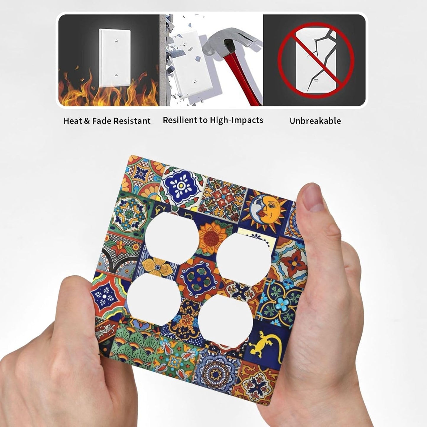 Talavera Mexican Tiles Traditional Color Decoration Print Outlet Covers 2 Gang Double Duplex Decorative Light Switch Covers Electrical Wallplates Socket Faceplate for Kitchen Bathroom Decor