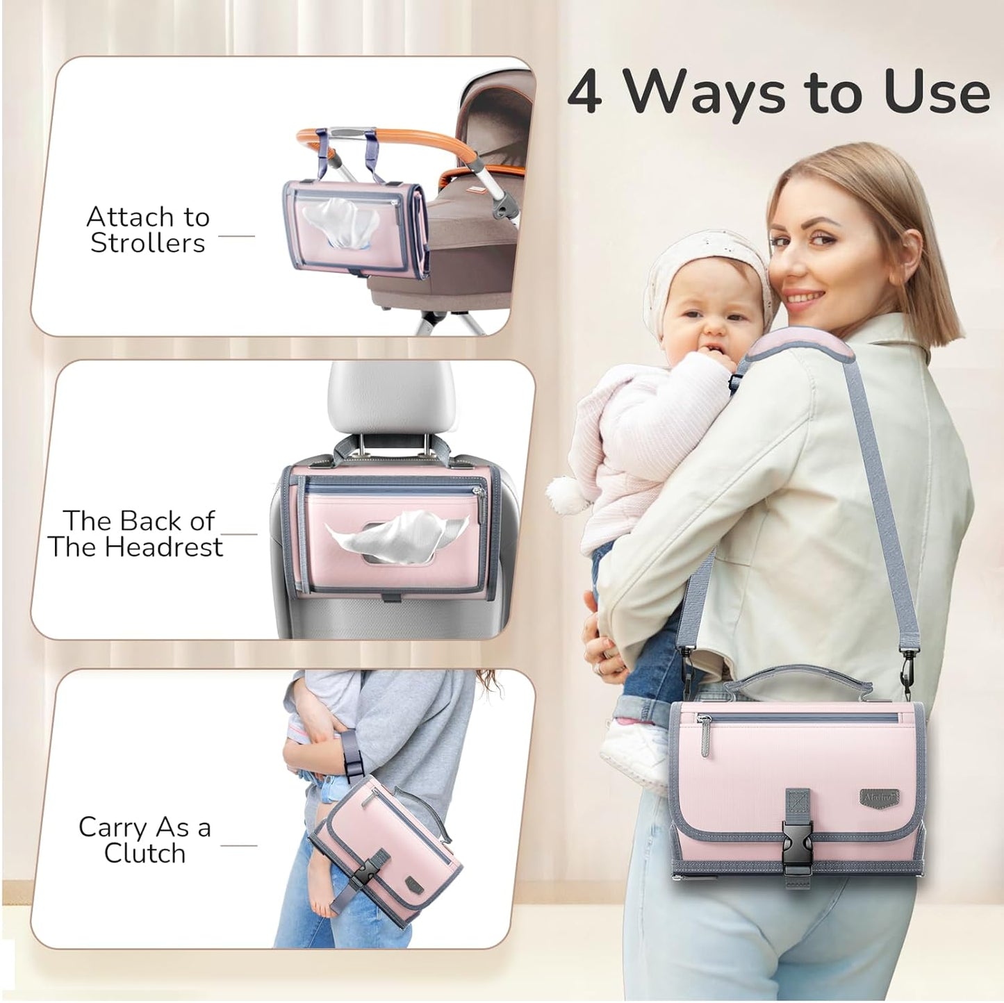 Portable Diaper Changing Pad with Shoulder Strap, Detachable Travel Changing Pad with Baby Wipes Pocket, Gifts for Baby Shower, Newborn Girls and Boys (Pink)