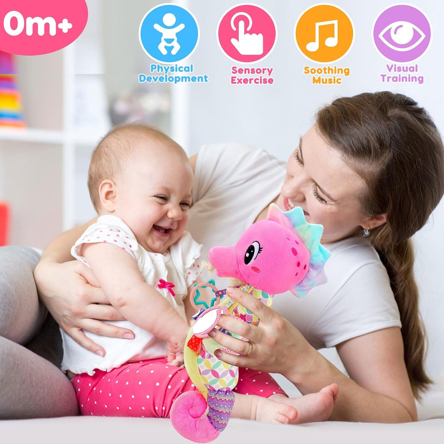 Baby Sensory Toys 0-6 3-6 Months Musical Stuffed Animal Plush Pink Seahorse for Infant 6-12 Month Tummy Time with Baby Mirror Newborn Crinkle Developmental Toy Girls Boys Birthday Gifts 0-3 4 5 Month