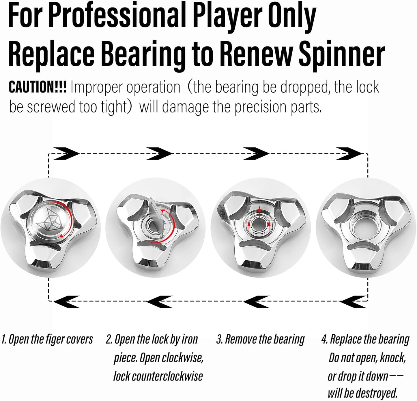 FREELOVE Metal Fidget Spinner, Stainless Steel Heavy, Long Spinning Toys, Cool Silent, Small Mini Fox Figette Spiner for Adults Men Anxiety, Quiet Bearing, Black