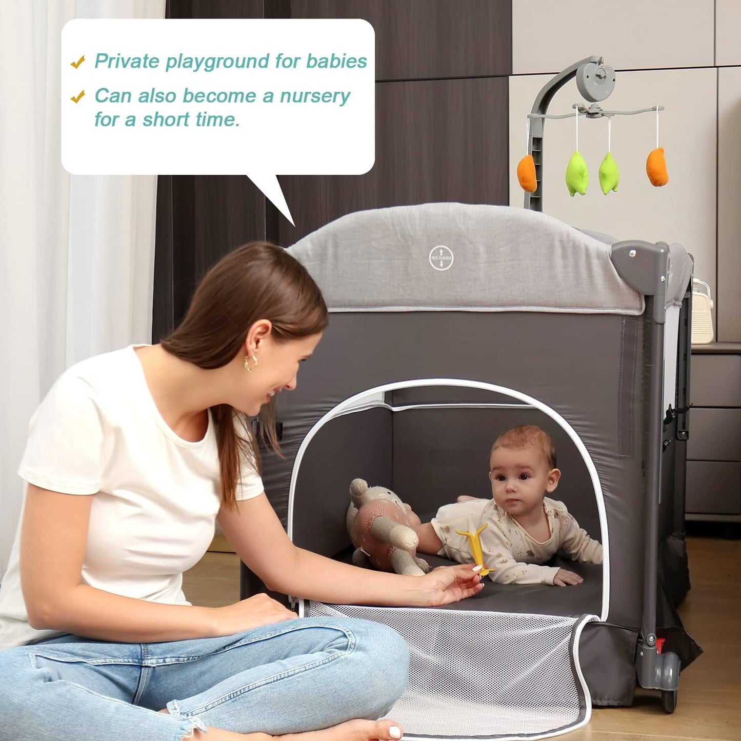 Zdolmy Baby Bedside Sleeper Bassinet, 4-in-1 Pack and Play with Bassinet w/Diaper Changing Table & Storage Bag, 3 Adjustable Heights, Toy Arch & Music, Portable Baby Play Yard with Carry Bag